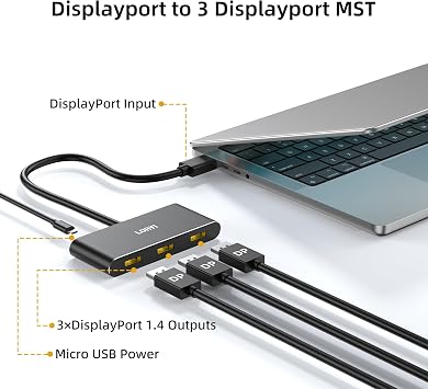 3-Port Displayport Splitter,DP1.4 to 3DP Multi-Monitor Splitter,Single 8K, Dual 4K 120Hz,MST Displayport hub 1 in 3 Out,Windows Only