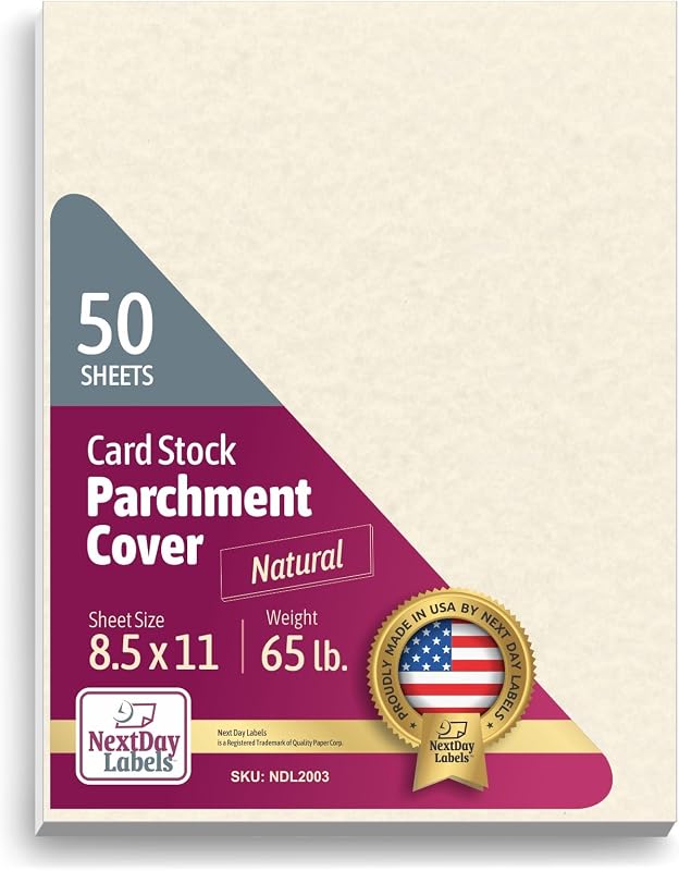 Next Day Labels Premium Parchment Card Stock | Made in USA | 65 lb. Cover | 8.5 x 11 Letter | Natural | 50 Sheets | Laser, Inkjet & Copier | Certificates, Invitations, Presentations