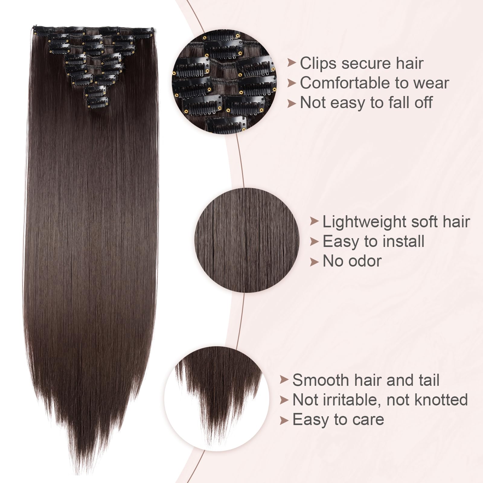 SEGOHAIR Hair Extensions Clip in 8Pcs 18 Clips Synthetic Fiber Seamless 23" Long Straight Full Head -Dark Brown - Image 4