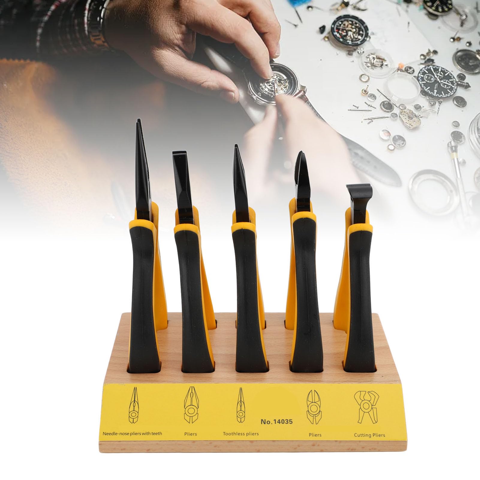 Naroote Set di 5 Pinze con Pallet in Legno, Set di Pinze per Riparazione Orologi in Faggio e Metallo, Lame Trattate Termicamente, Impugnatura Salva Sforzo, Taglio Filo per Utenti Hobby