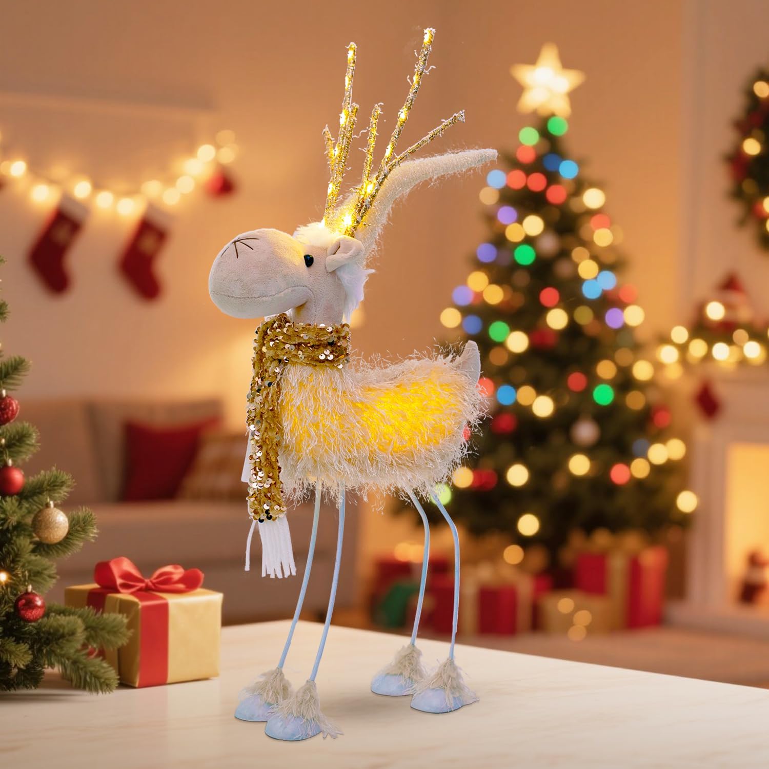 LED Lighted Christmas Reindeer Decoration – Light-Up Plush Deer Figurine and Antlers & Scarf – Battery Operated Christmas Figurines for Home Tabletop, Shelf, or Mantel Holiday Decor, Indoor Use Only