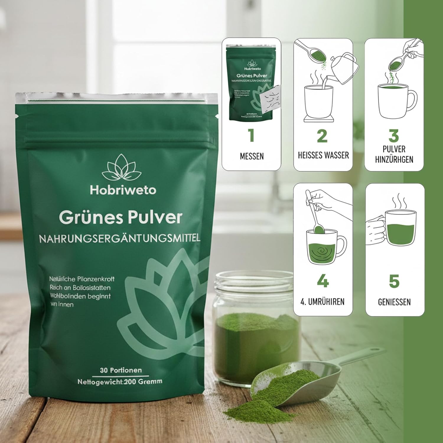 Grüne Entgiftungspulver – 200g Superfood Green Pulver Helfer– Pflanzenpulver mit Matcha, Gerstengras, Spirulina & Heidelbeere – Reich an Makro- & Mikronährstoffen sowie Ballaststoffen - 4