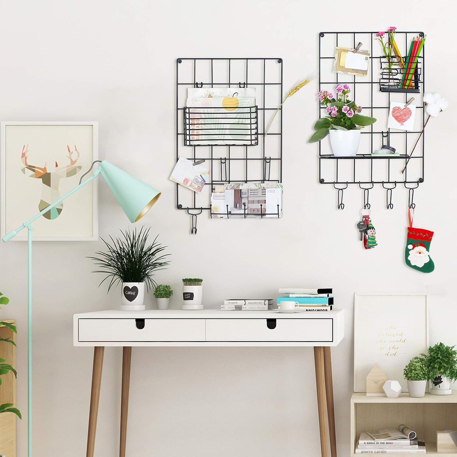 Love-KANKEI Wall Grid Panel Wire Grid Panel Set of 2 for Wall Decoration or Organization, 5 Hooks and 5 Clips 1 x Letter Frame, 1 x Hanging Basket, 1 x Pen Holder and 1 x Hanging net
