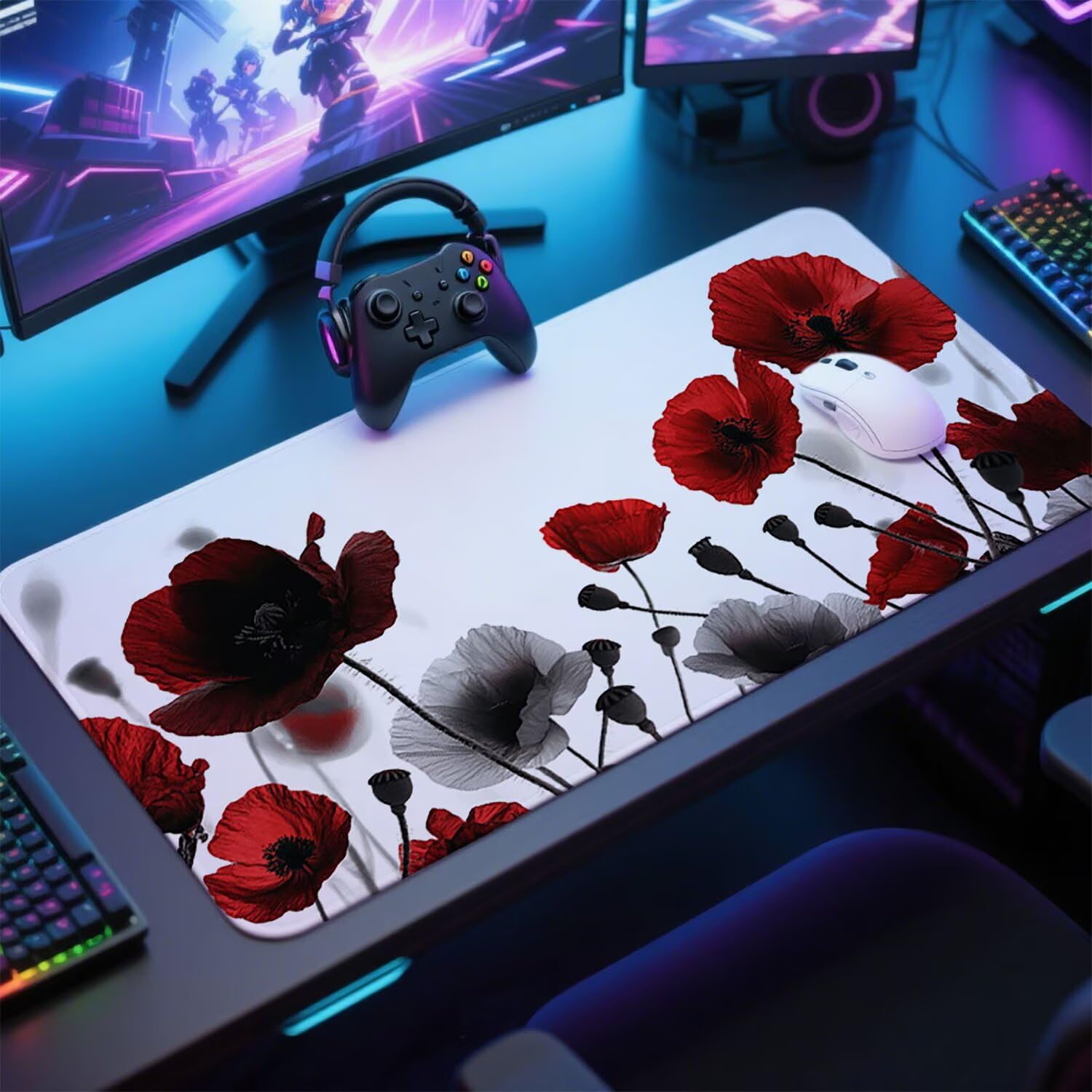 Biała podkładka pod mysz pod mysz pod mysz do gier XXL 1400 x 600 x 3 mm podkładka pod mysz gumowa kwiat duża podkładka pod rękę dla graczy akcesoria wodoodporne PC, do klawiatury laptopa w-10764