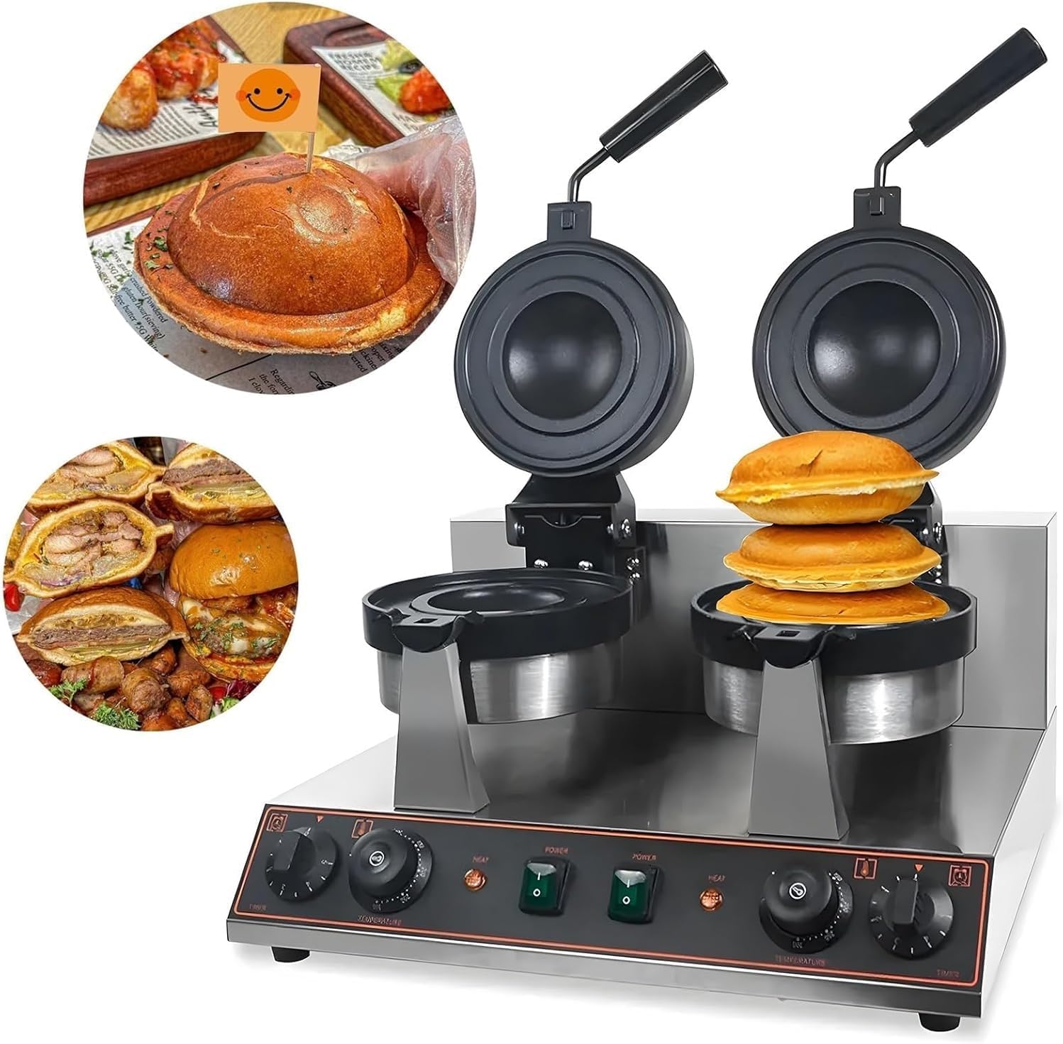 Electric Press ufo Burger Machine, Commercial Hamburger Press, Ice Cream Waffle Maker, Non Coated Electric Burger Maker, Adjustable Temperature 50-300℃ Non-Stick Pan (Double Head)