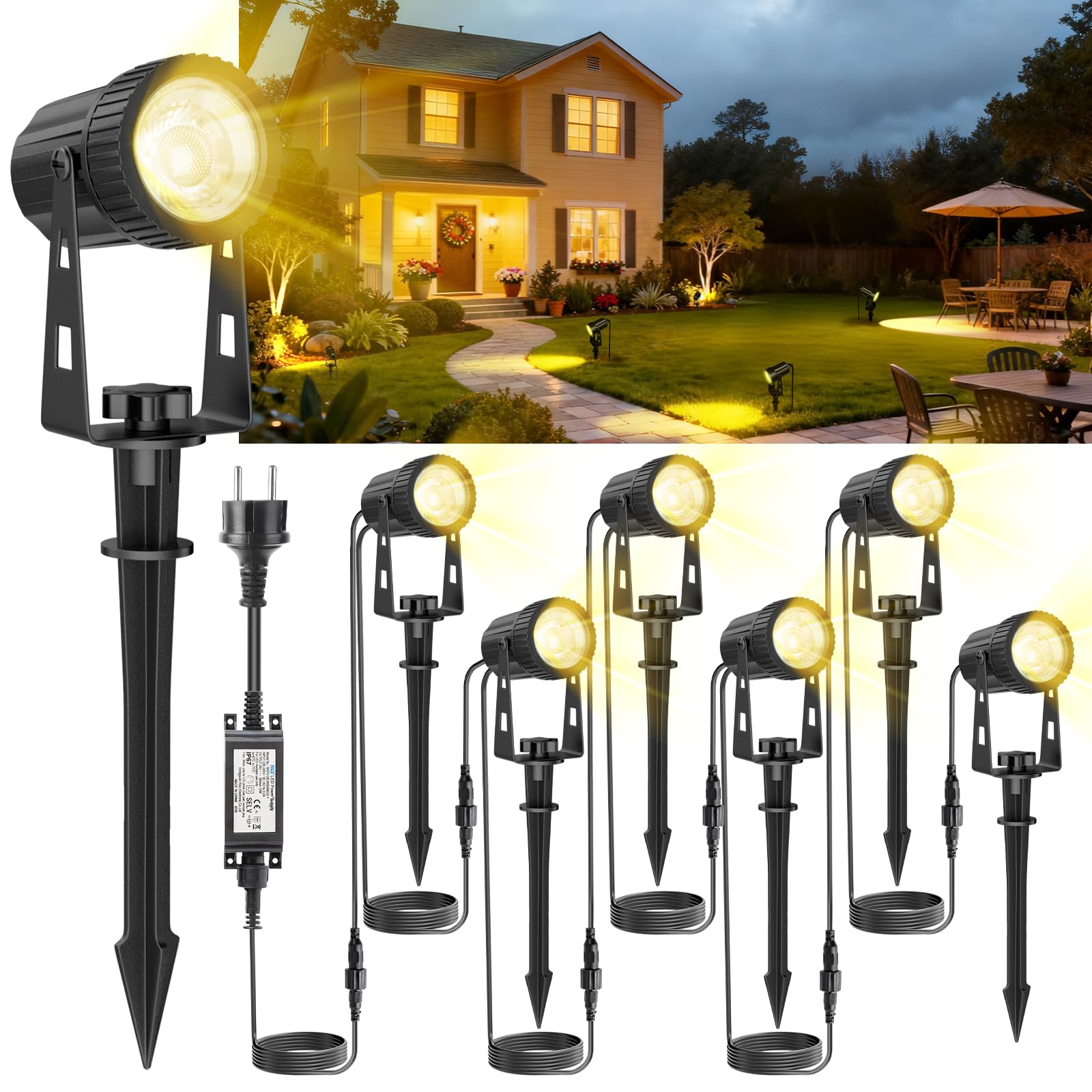 6 Gartenbeleuchtung LED, Gartenstrahler LED Außen Wasserdicht mit Warmweiß 3000K, IP67 Wasserdichter, 20m 24V Gartenleuchten mit Adapter, Gartenstrahler für Terrasse, Gartenweg, Party, Rasen, Erdspieß
