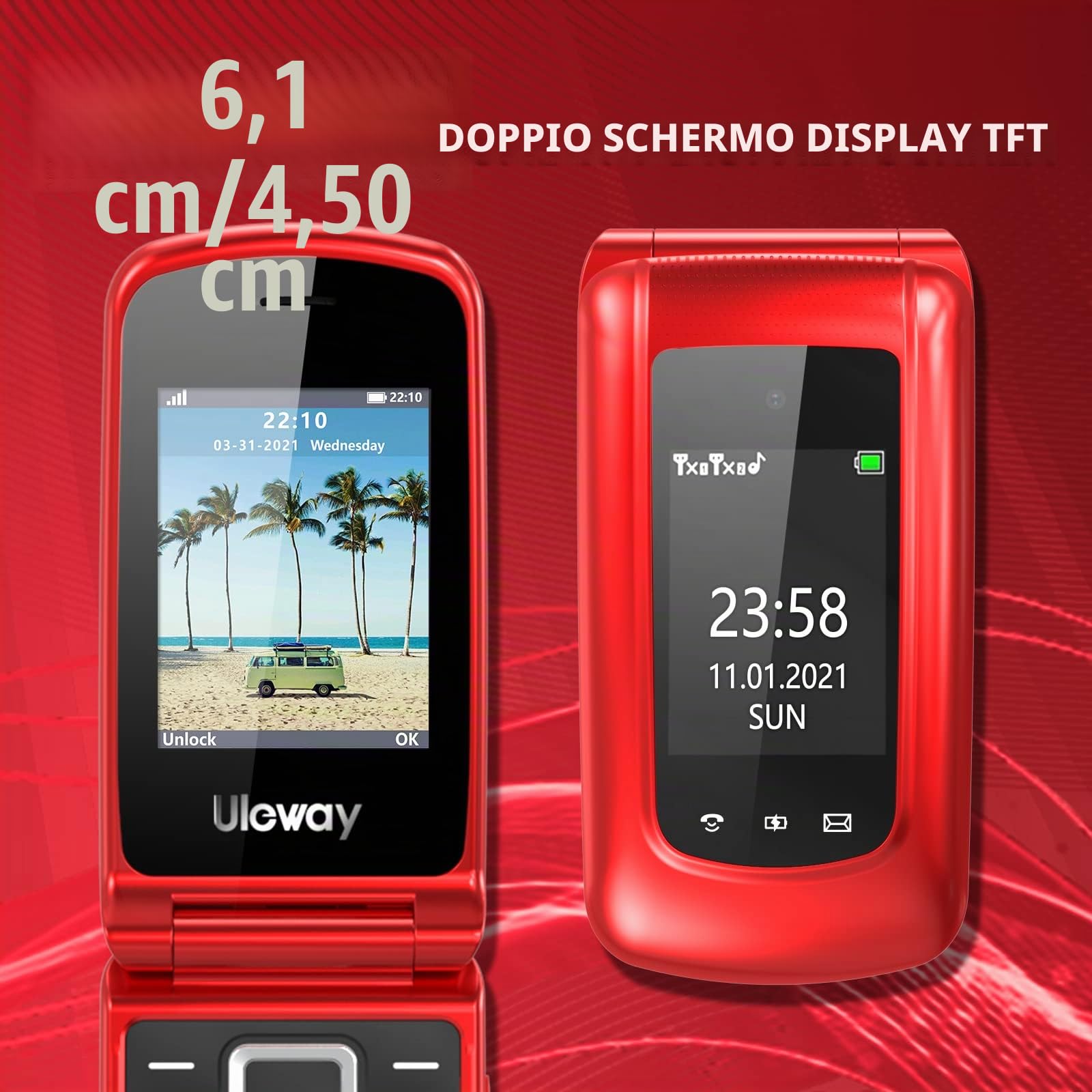 CHAKEYAKE Telefono per anziani senza contratto, cellulare pieghevole con tasti grandi, doppio display 2,4 pollici, pulsante SOS, torcia