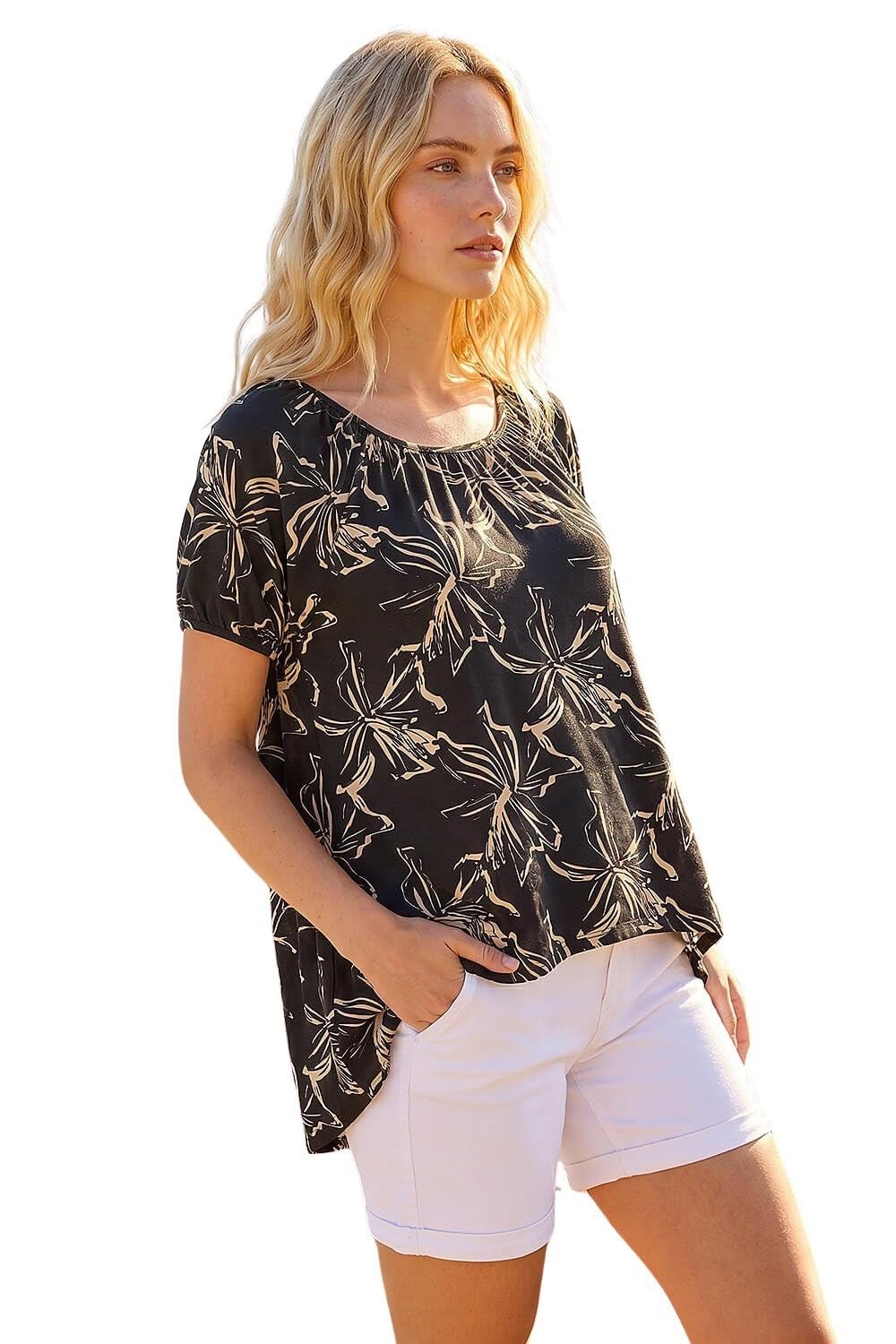 Roman Women's Black Leaf Print Asymmetric Stretch Tunic Top Size 12