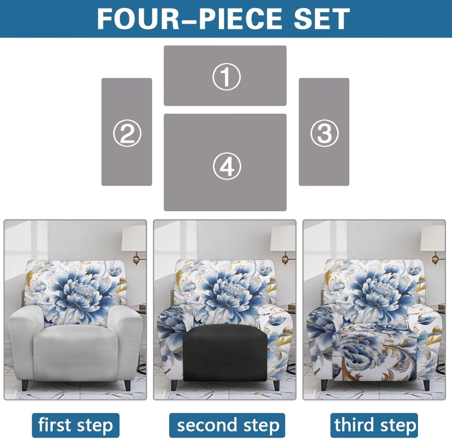 FOR U DESIGNS Floral Blue White 4-Piece Stretch Recliner Slipcovers Universal Fit for Small Recliners Non-Slip Furniture Protector Washable Sofa Cover Stay in Place