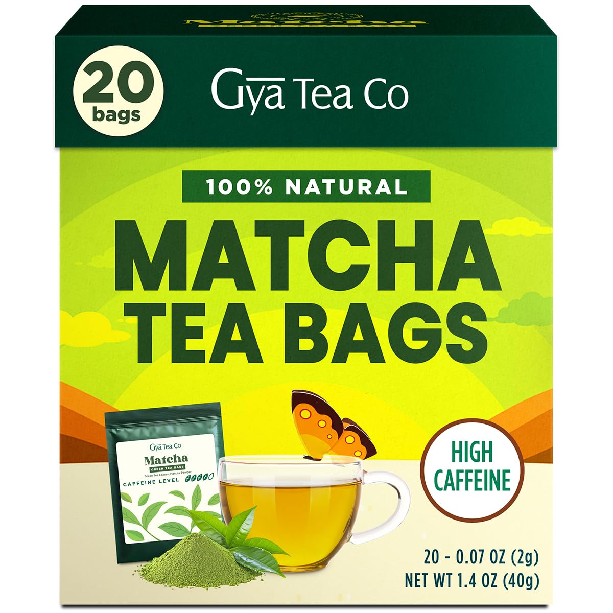 Gya Tea Co Matcha Green Tea Bags (20 Bags) - High Caffeine Smooth Tea with Fresh & Silky for Morning Refresh & Digestive Health