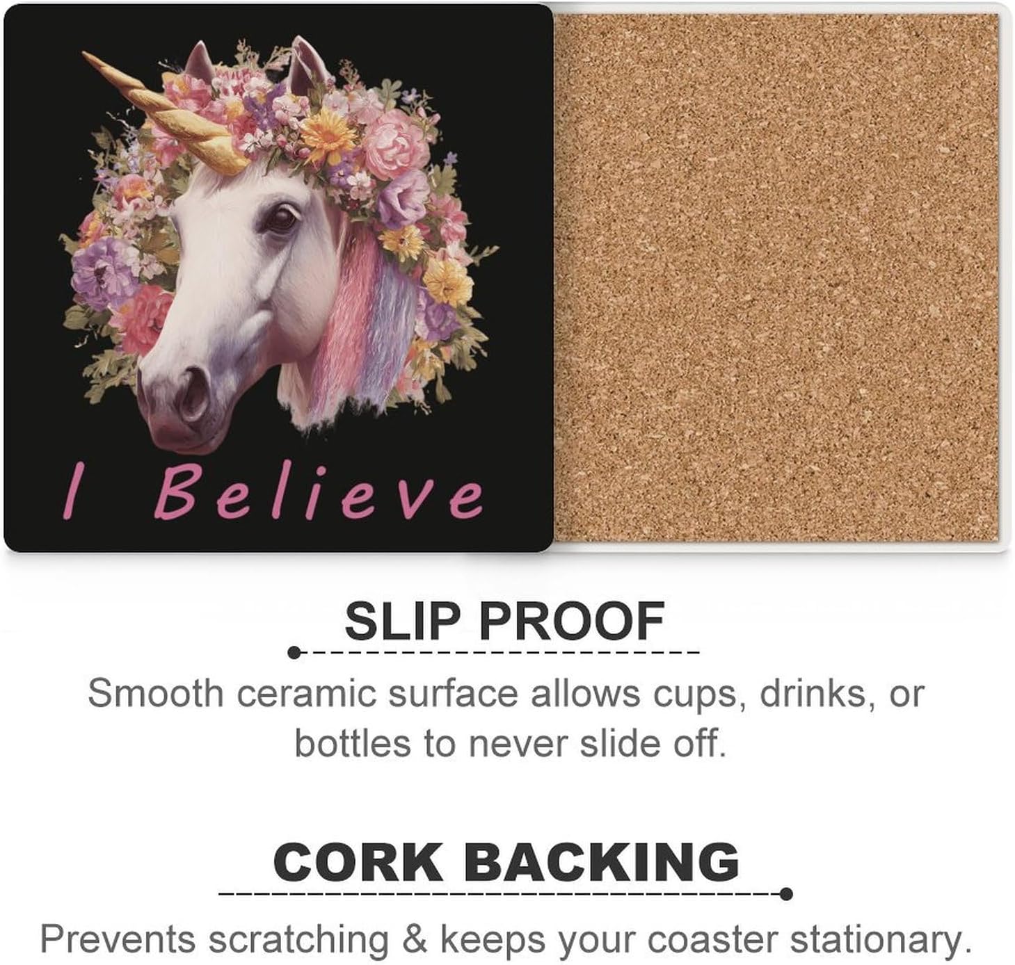 I Believe Un-icorns Coaster for Drinks Square Ceramic Table Coasters Stone Mat Crafts 4PCS Home Kitchen Decor