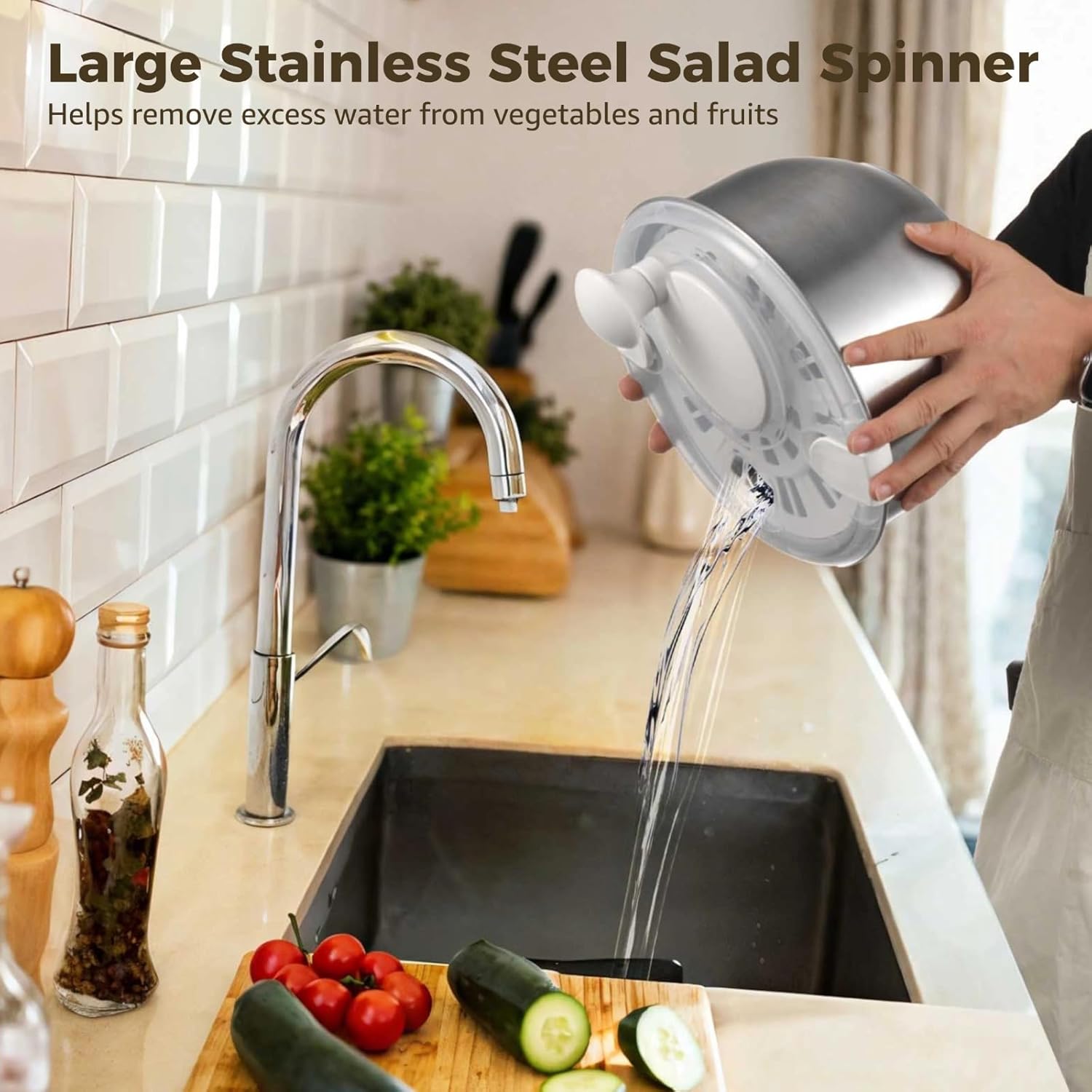 Large Salad Spinner, Stainless Steel, Vegetable & Fruit Strainer, Self-Locking Lid