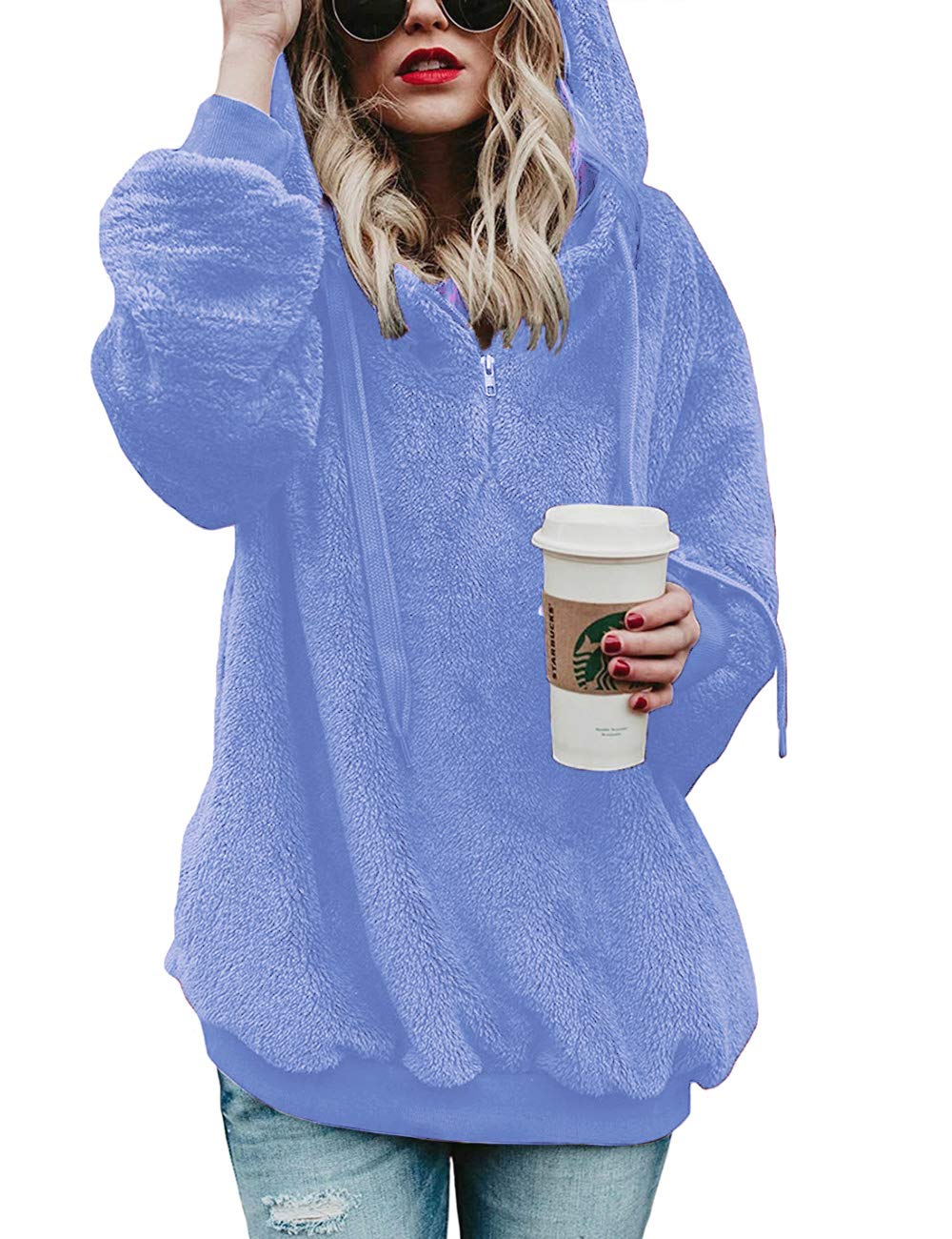 iWoo Sweatshirts Womens Fleece Hoodies Casual Long Sleeve Pullover Winter Warm Zipper Stylish Teddy Coats(Sky Blue,M)