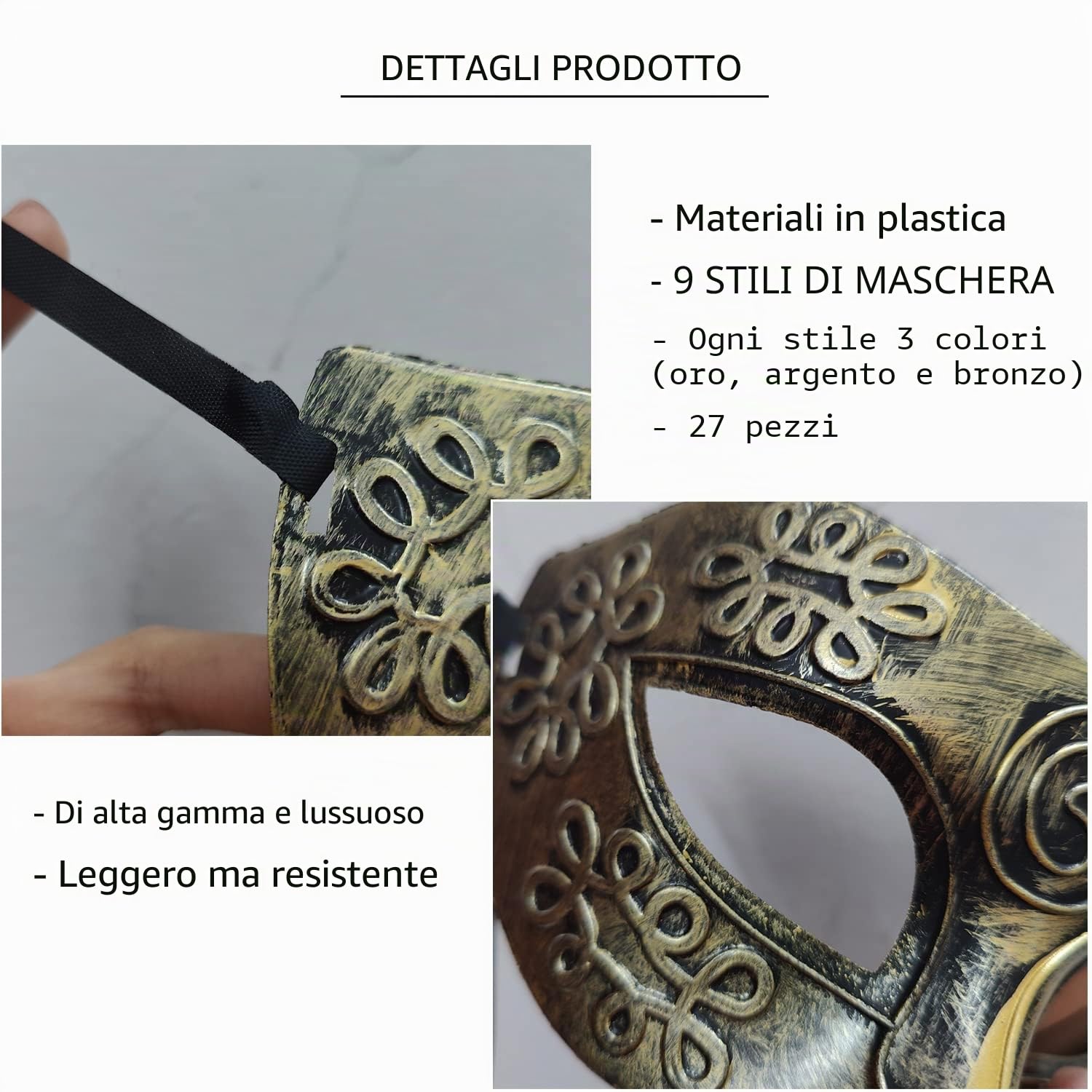 27 pezzi Vintage Maschere Antico Maschera Retrò Uomini Donne Maschera Unisex per Festa da Ballo Costume Veneziano - Oro, Argento, Bronzo