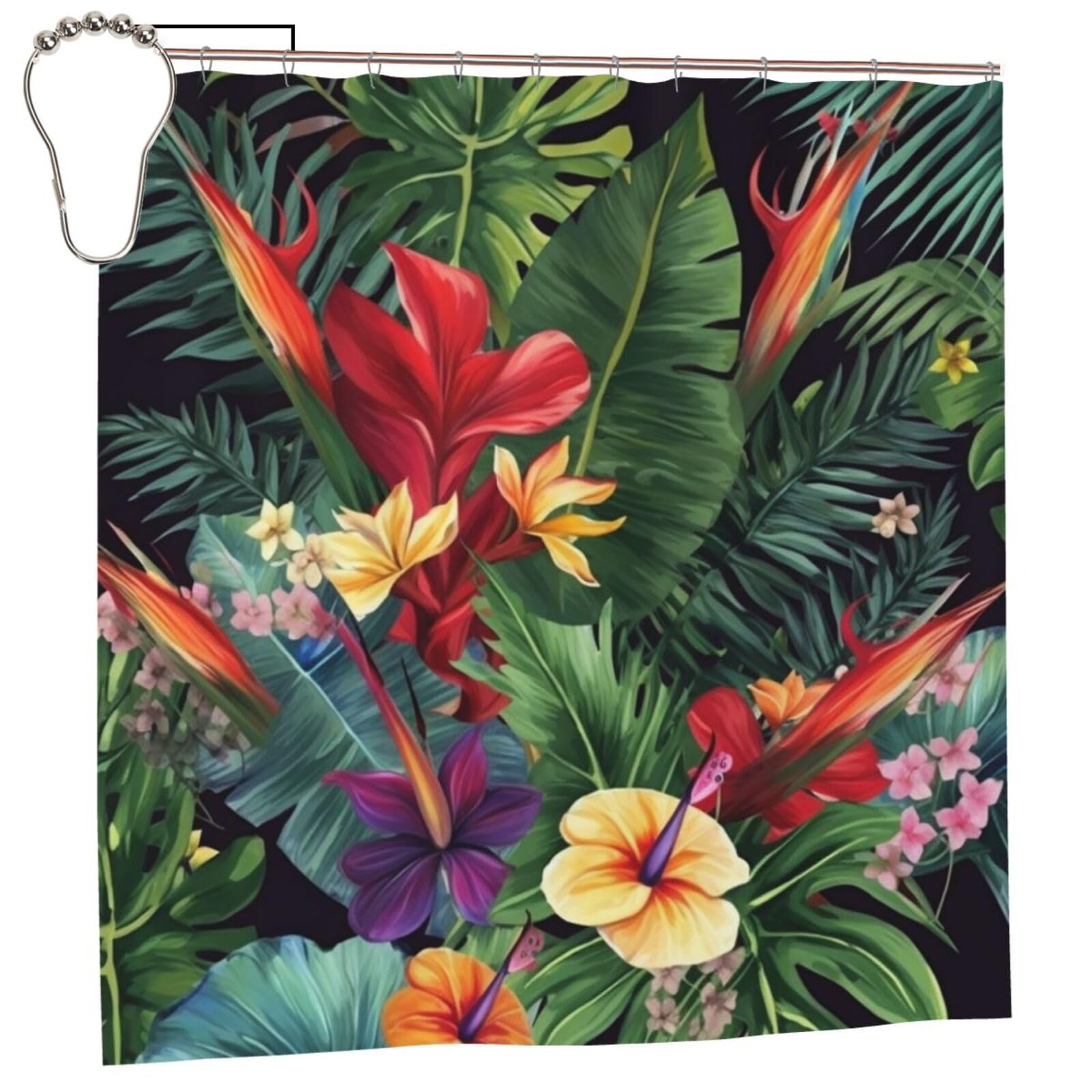 Rideau de douche imperméable plantes tropicales 182x182 cm avec 12 crochets