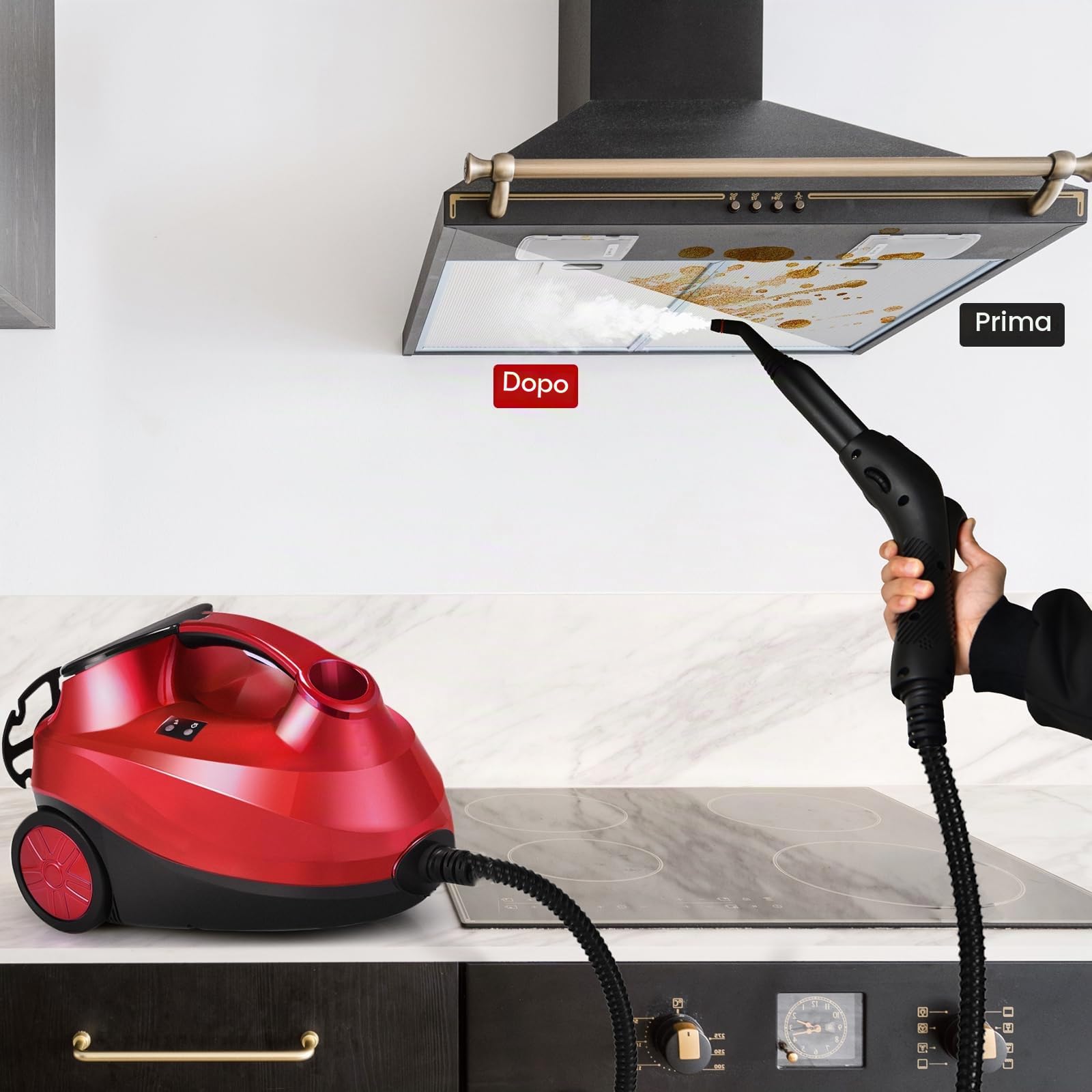 SOARS Pulitore a Vapore Portatile 2000W, Pressione del Vapore: 4 Bar, Massimo 108℃, Preriscaldamento: 5-6 Min, Serbatoio dell'Acqua: 1,5L, con 19 Accessori, per Divano, Pavimento, Finestra (Rosso)