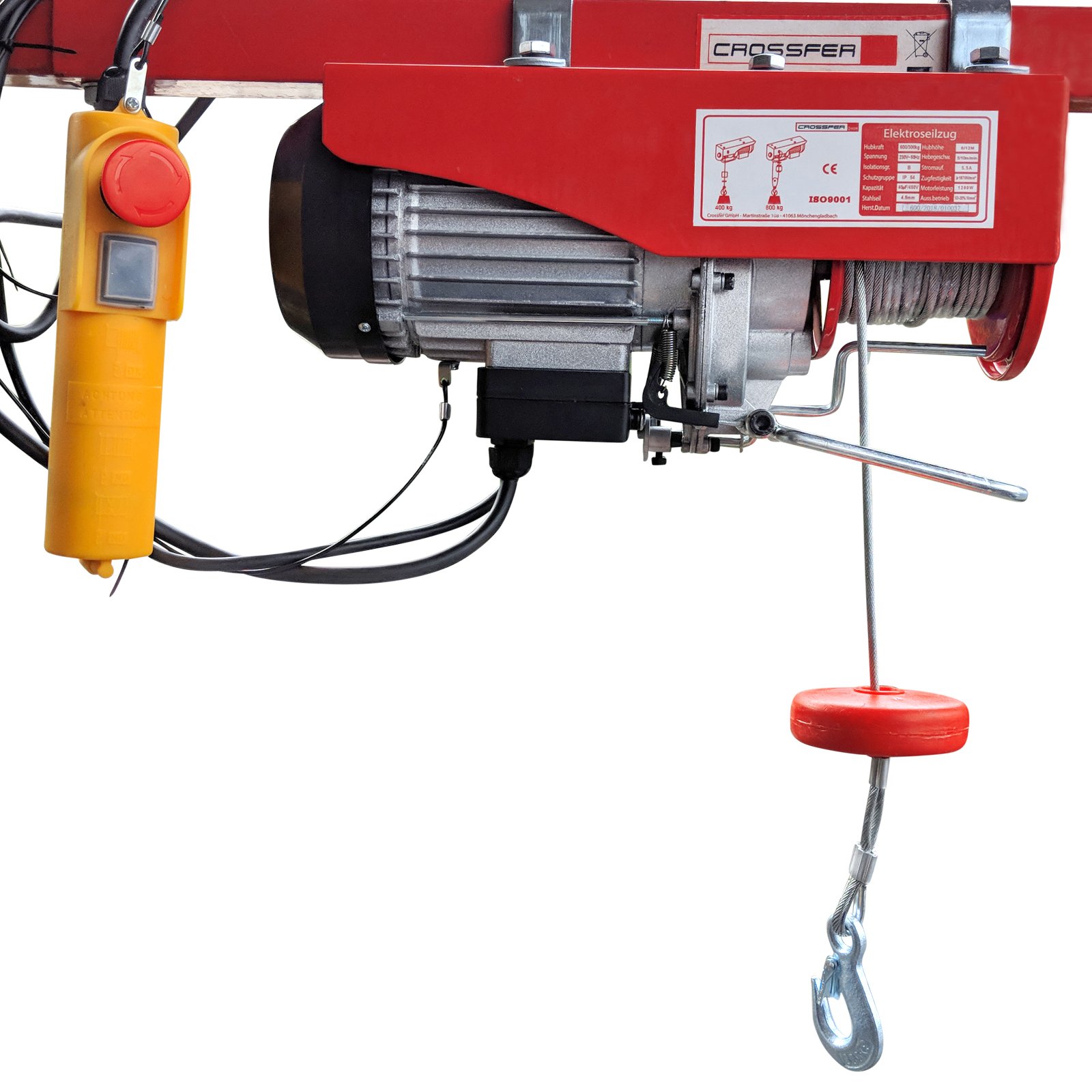 CROSSFER PA800A Elektrischer Seilhebezug 230Volt für 400kg/800kg Last Seilwinde mit Umlenkrolle als Flaschenzug Seilzug 12 Meter Hubhöhe Hebezug Lastkran