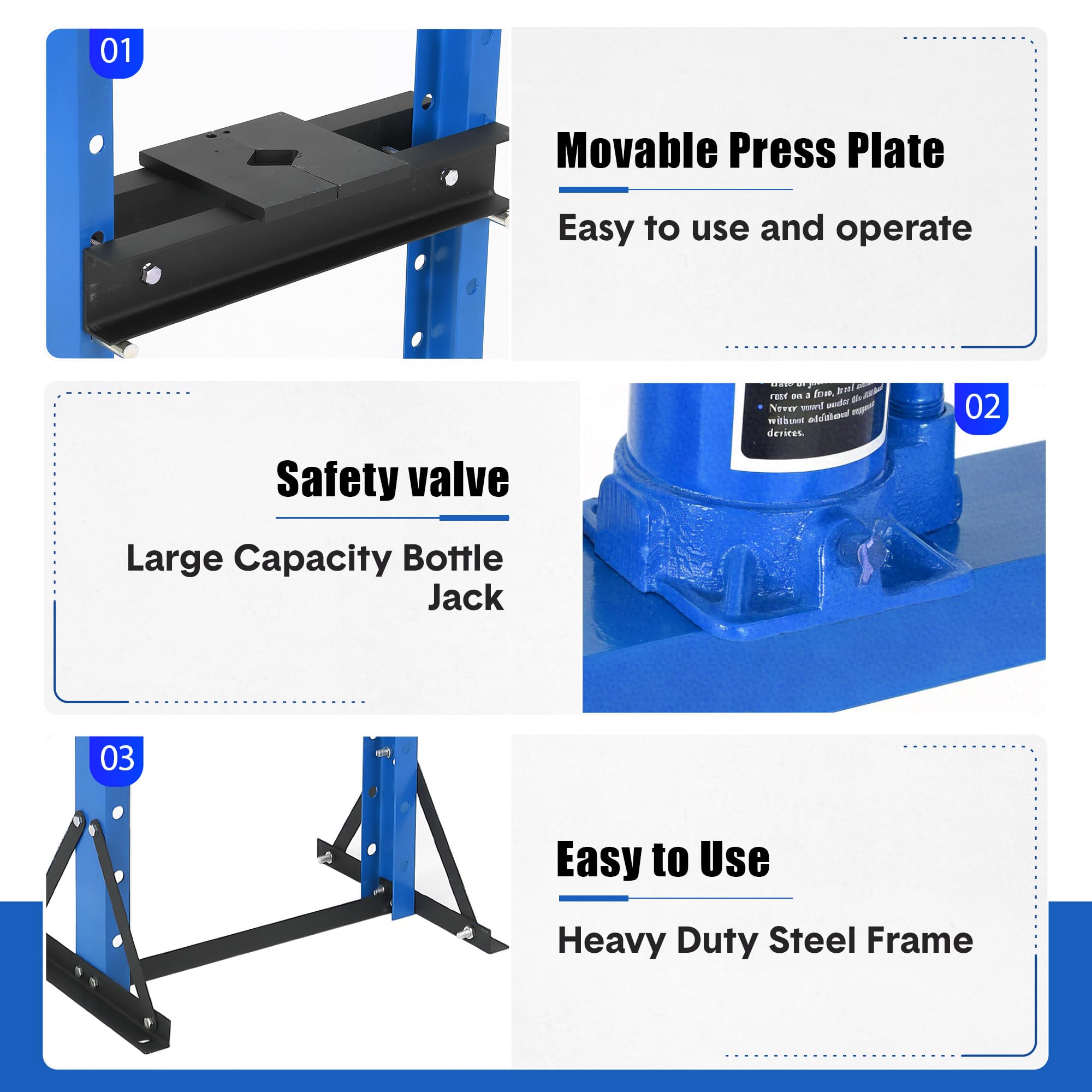 Presse hydraulique d’atelier 6T – Structure H robuste – Hauteur réglable – Pour garage, redressage, pliage, extraction de roulements et arbres – Plaques en acier incluses – Corps bleu, parcourir et