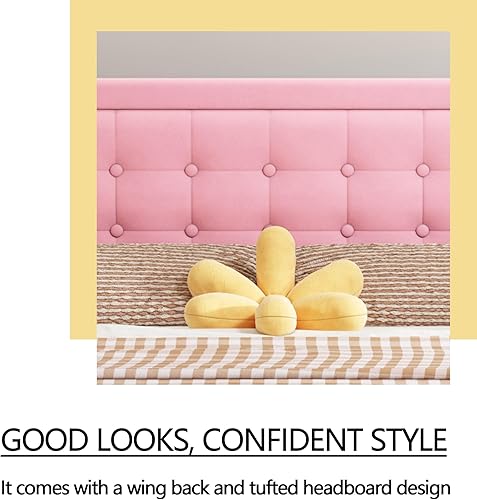 Miniatura 4 de alazyhome Marco de cama tapizado moderno de tamaño Queen con cabecero acolchado con botones, listones de madera maciza, soporte no necesita somier,