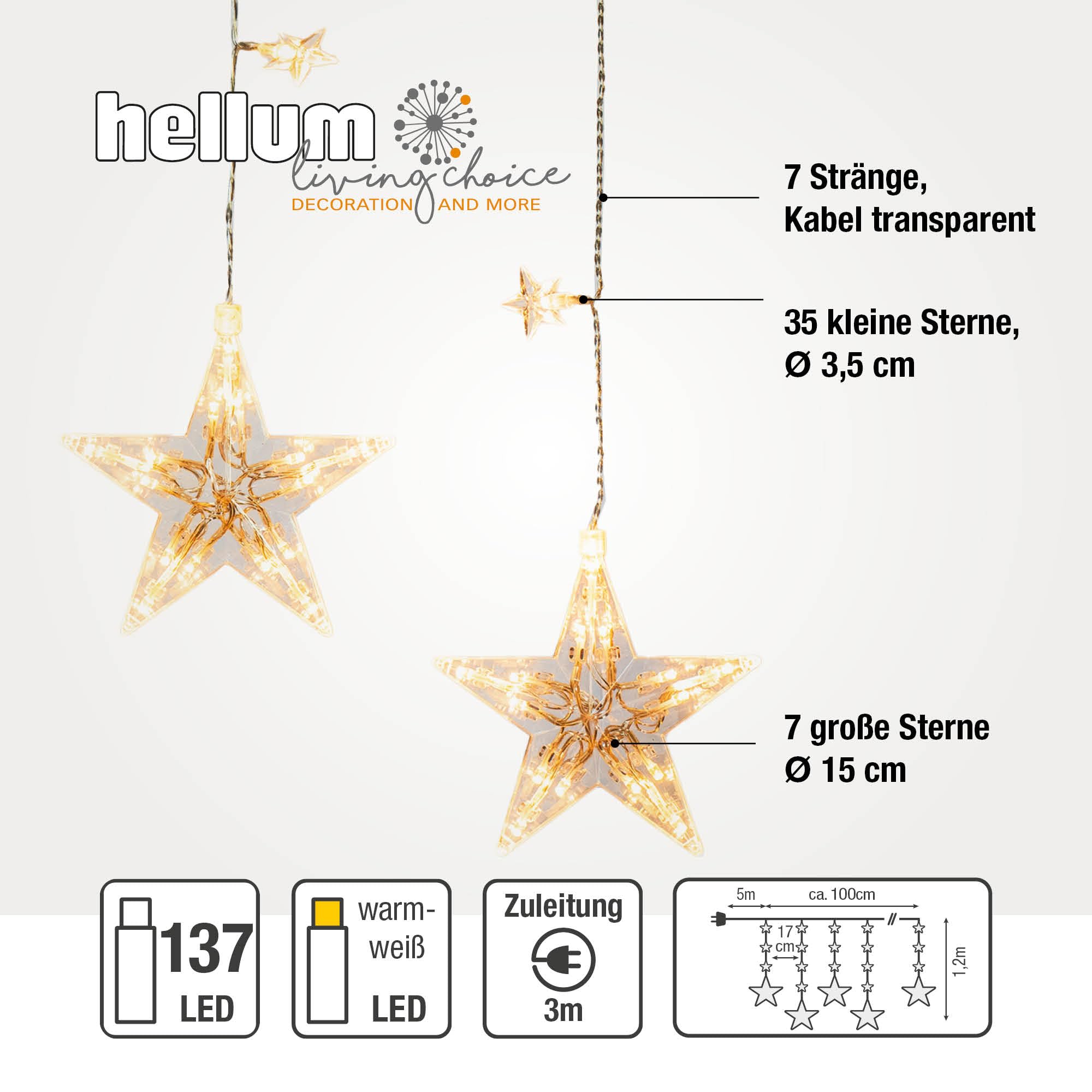 Hellum tenda luminosa interno con 137 LED e 42 stelle luminose, 7 fili, catena luminosa 1,00 m, luce bianco caldo, decorazione natalizia, tenda finestra <59 lm 576351
