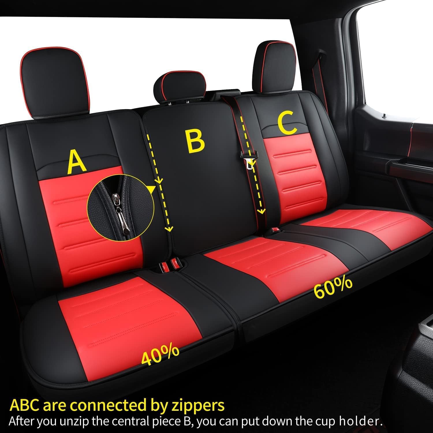 LUCKYMAN CLUB F150 Seat Covers fit for 2015-2024 2025 F150 SuperCrew, and 2017-2024 2025 F250 F350 F450 Super Duty Crew Cab with Faux Leather (Full Set, Black&Red)