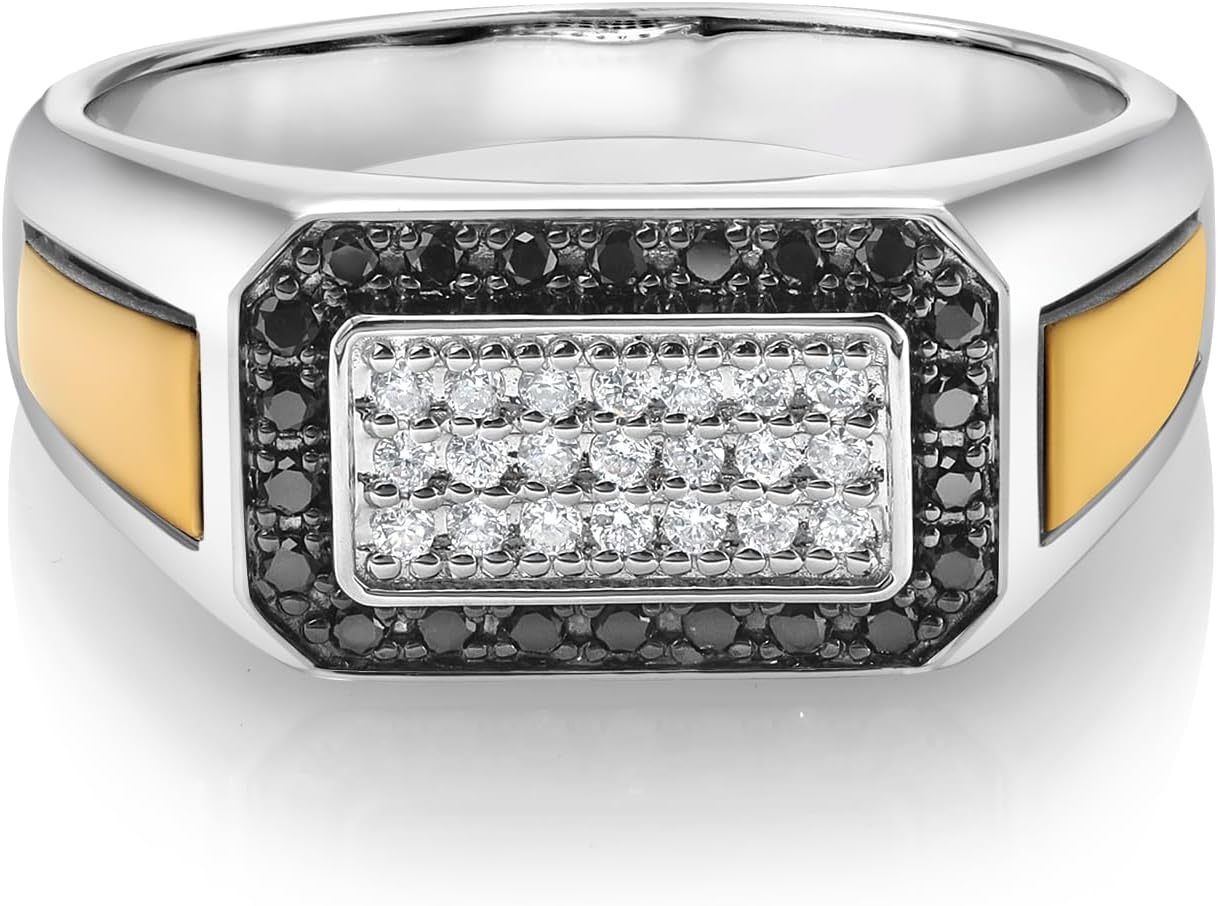 Gem Stone King Men's 925 Sterling Silver and 10K Yellow Gold Black Diamond and White Lab Grown Diamond Ring For Men | 0.43 Cttw | 9.5MM Width | Available In Size 7, 8, 9, 10, 11, 12, 13