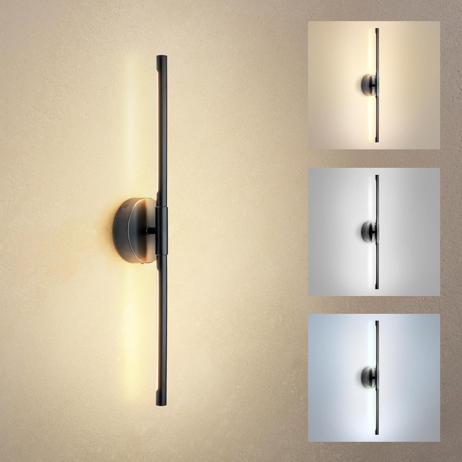 ASD LED 24" Linear Tube Wall Sconce, Modern Bathroom Light Bar | 3CCT, Dual 360° Rotatable, Dimmable, ETL Listed | 8W 666LM 3000-5000K 100-277V | Bedroom, Hallway Vanity Lighting | Black