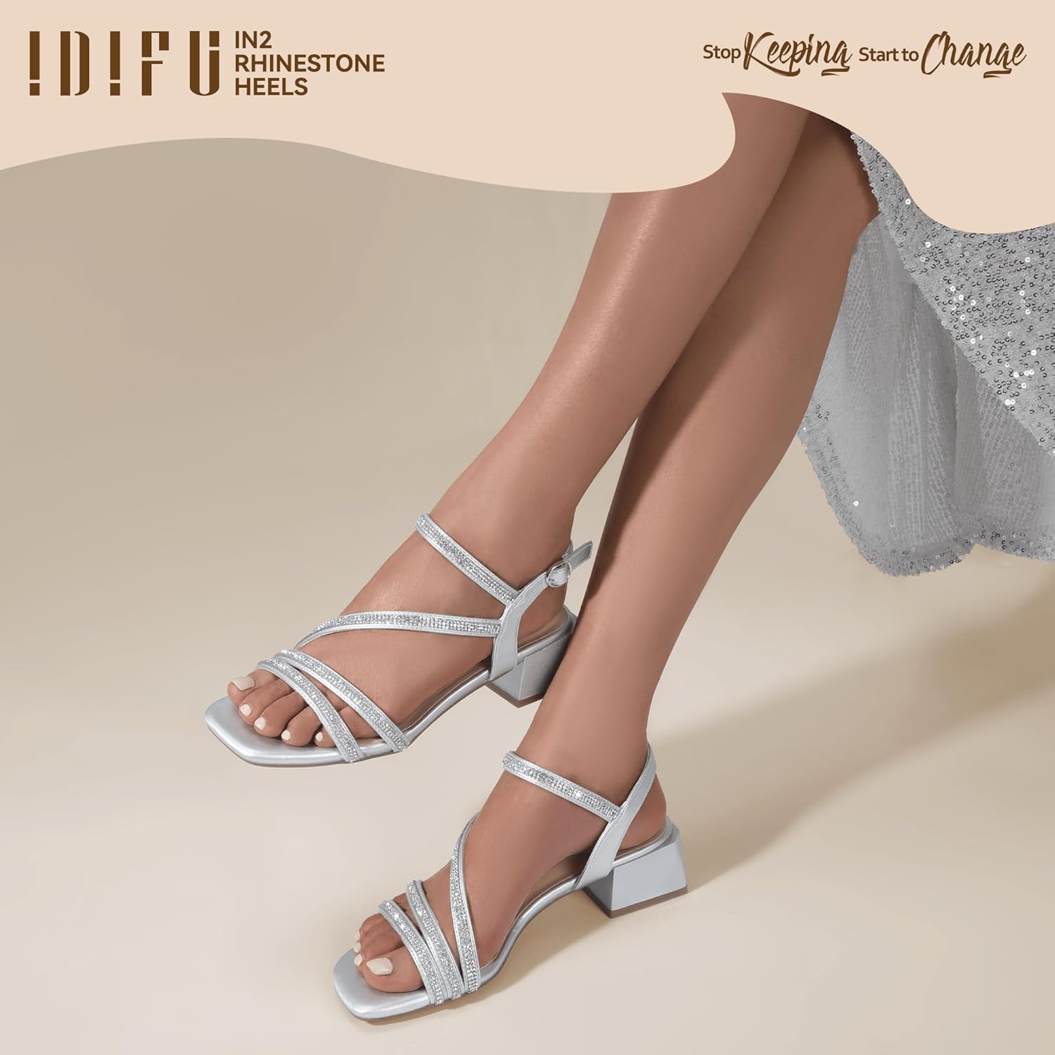 IDIFU IN2 Rhinestone Low Heels for Women Sparkly Dressy Block Short Strappy Square Open Toe Chunky Heeled Sandals Prom Wedding Bride Party Dress Shoes Comfortable Bling Thick Heels - Image 2