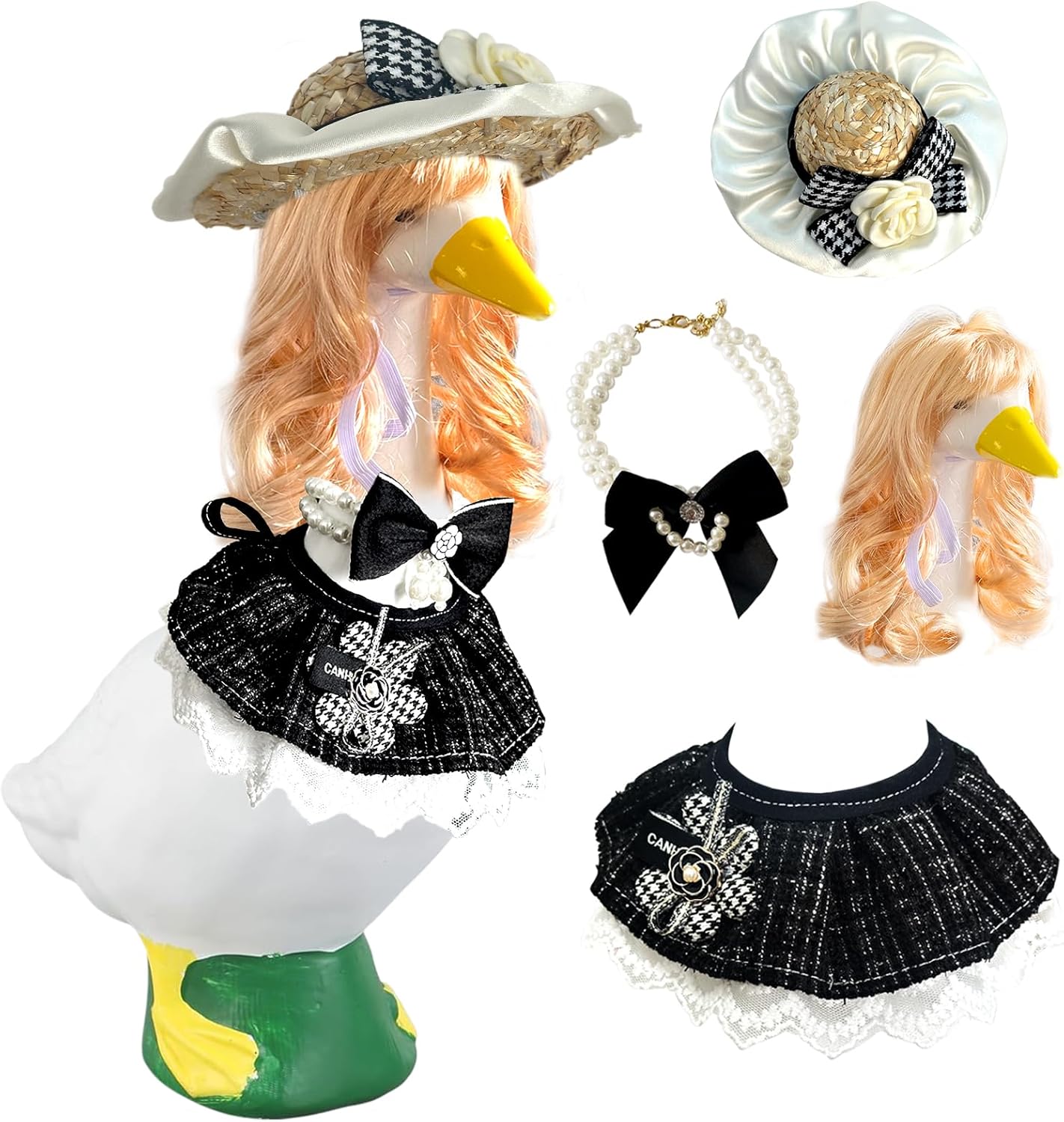 Elegant Lady Porch Goose Outfits with Blonde Curly Wigs, 23"/ 17" Lawn Goose Statue or Plastic Goose Clothing Porch Garden Outdoor Decor Costume, Black&White