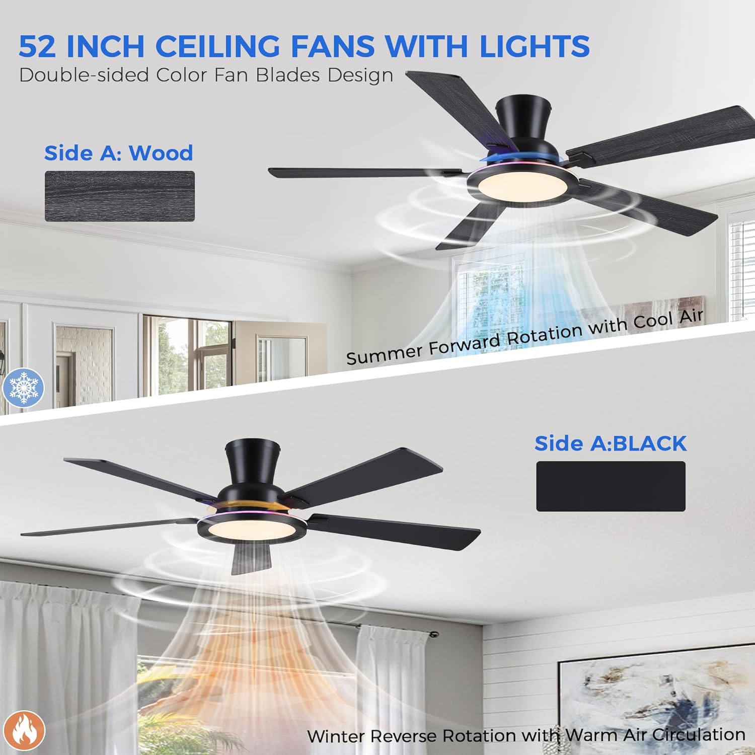 Ayaoty Ceiling Fans with Lights - 52in Flush Mount Ceiling Fan with RGB Dimmable, 3CCT 6 Wind Speeds and Reversible Quiet Motor, Low Profile RGB Fan Light for Modern Indoor, Party - Black RGB