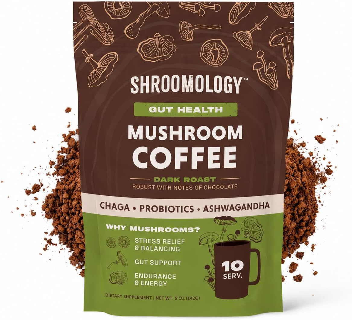 360 Nutrition Instant Mushroom Coffee with Chaga Superfood Mushroom and Prebiotics, Probiotics for Gut Health, and Focus Support | Dark Roast, No Added Sugar 5 oz (Gut Blend)