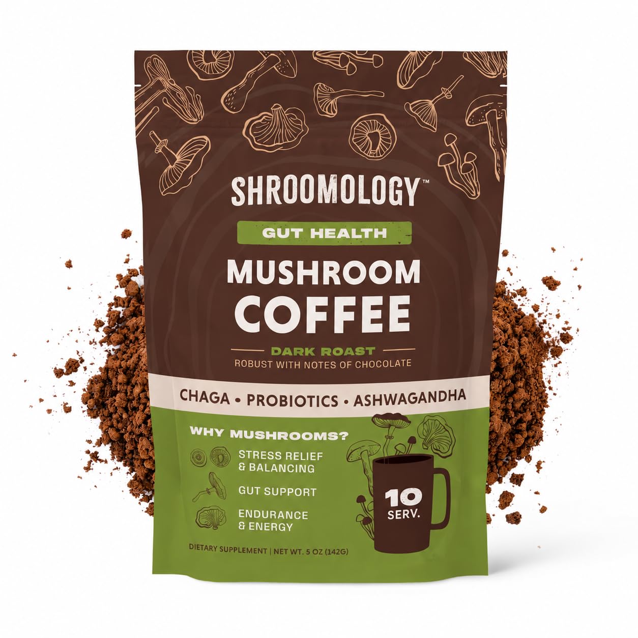 360 Nutrition Instant Mushroom Coffee with Chaga Superfood Mushroom and Prebiotics, Probiotics for Gut Health, and Focus Support | Dark Roast, No
