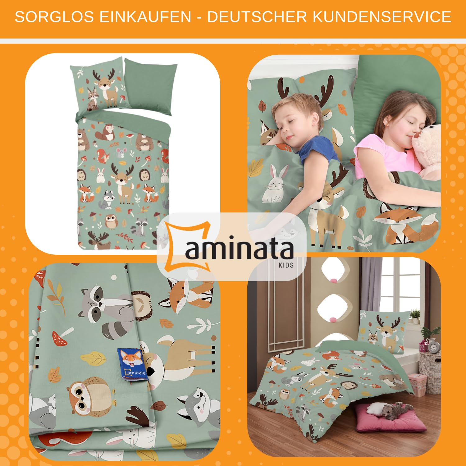 Aminata kids Bettwäsche 135x200 cm Waldtiere für Kinder 100% Baumwolle Hirsch Fuchs Eule Hase für Jungen & Mädchen mit Reißverschluss