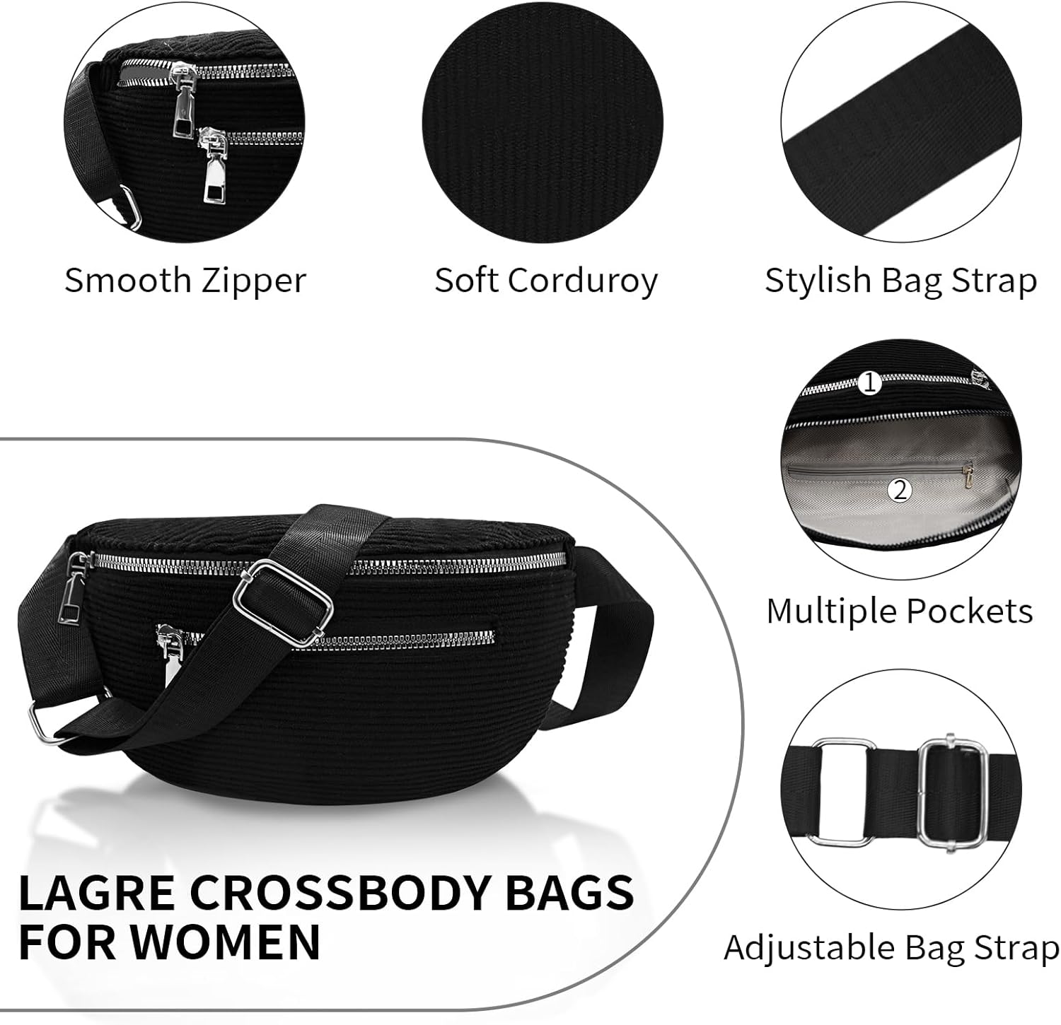 LJCZKA Corduroy Crossbody Bags Women Men Corduroy Bum Sling Bags Fanny Waist Pack Purse Chest Shoulder Bag with Adjustable Strap (Khaki) - Image 4