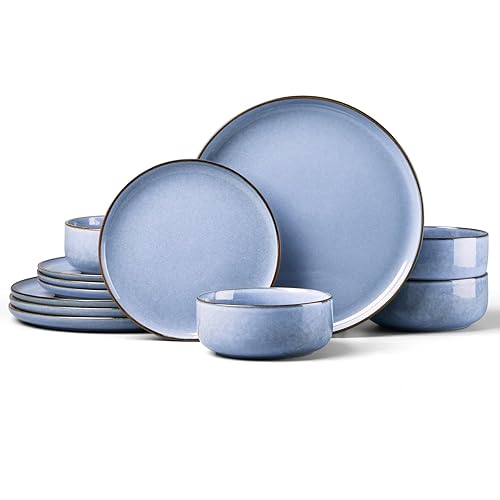 HaWare 12 Piece Dinner Set, Stoneware Dinnerware Set for 4, Reactive Glaze Dining Ware Include Plates and Bowls, Chip and Scratch Resistant, Microwave & Dishwasher Safe, Myosotis Blue - Myosotis Blue - 12 Piece