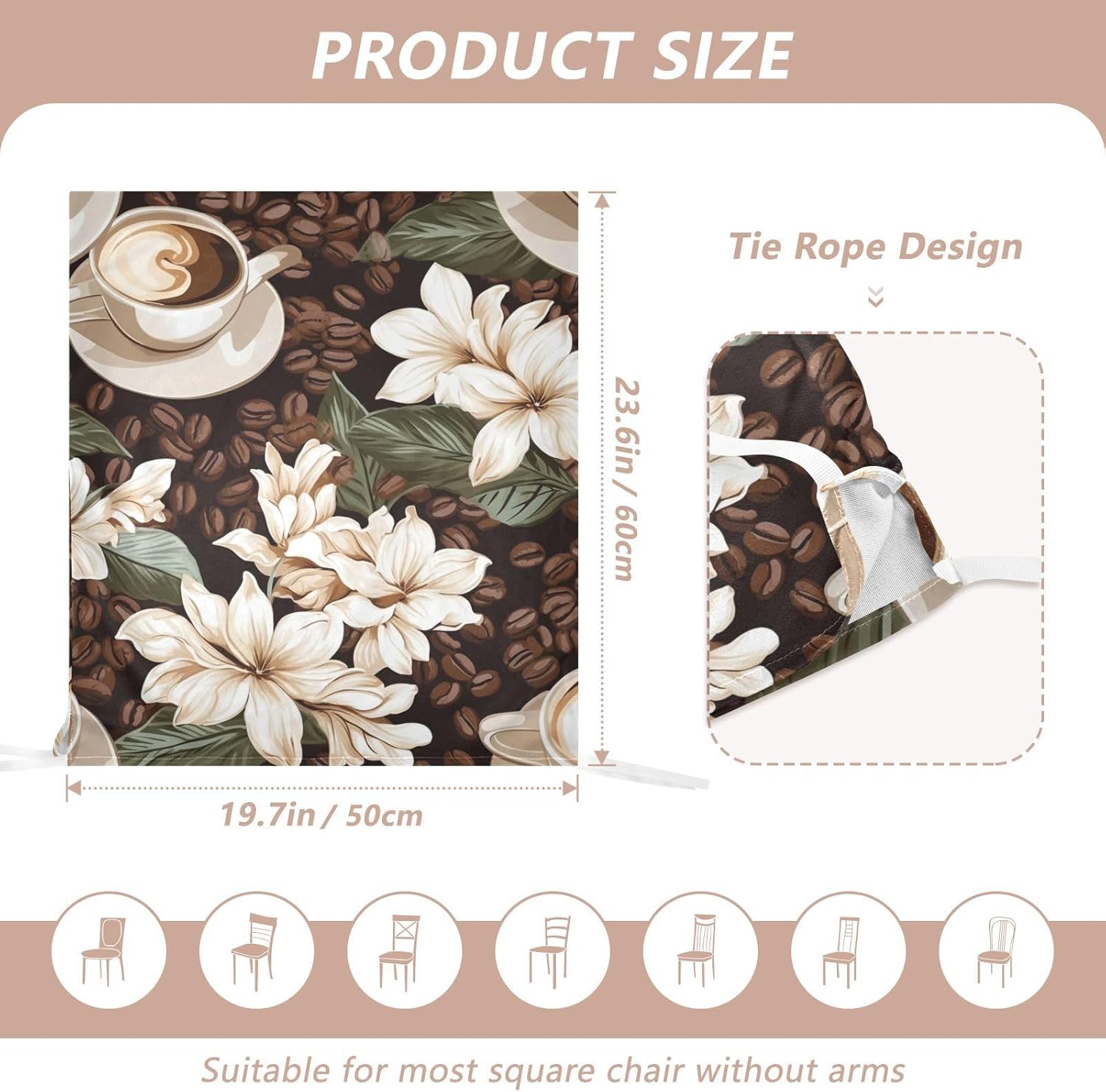 ALAZA Coffee Bean Cups Flowers Chair Back Cover Set of 6, Washable Reusable Removable Chair Slipcovers Decorative Chair Cover for Home Kitchen Wedding Party