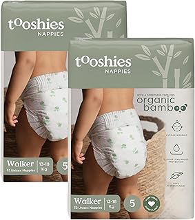 Tooshies Nappies | Size 5 Walker 13-18kg | Made with Organic Bamboo | 12 hrs leak free | Unisex | Plant Print | 2 x 32pk | 64 count | 2 WEEK SUPPLY