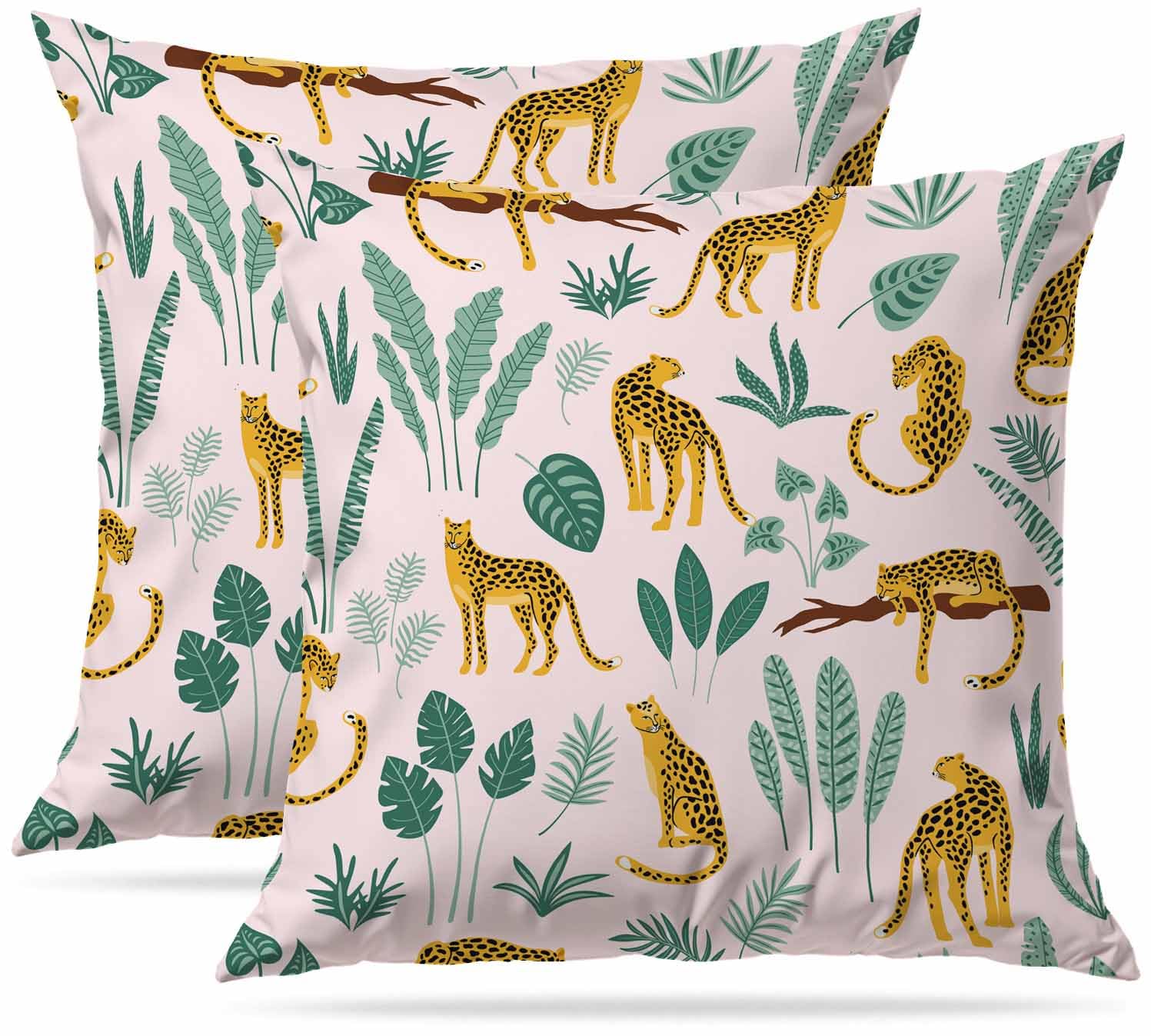 Zovinex Leopards And Tropical Leaves Pink Set Of 2 Pack Cushion Covers Soft Short Plush Throw Pillow Cover Home Pillow Case Pillowcases For Tent Park Bed Sofa Chair Bedroom Decorative Balcony 50X50cm