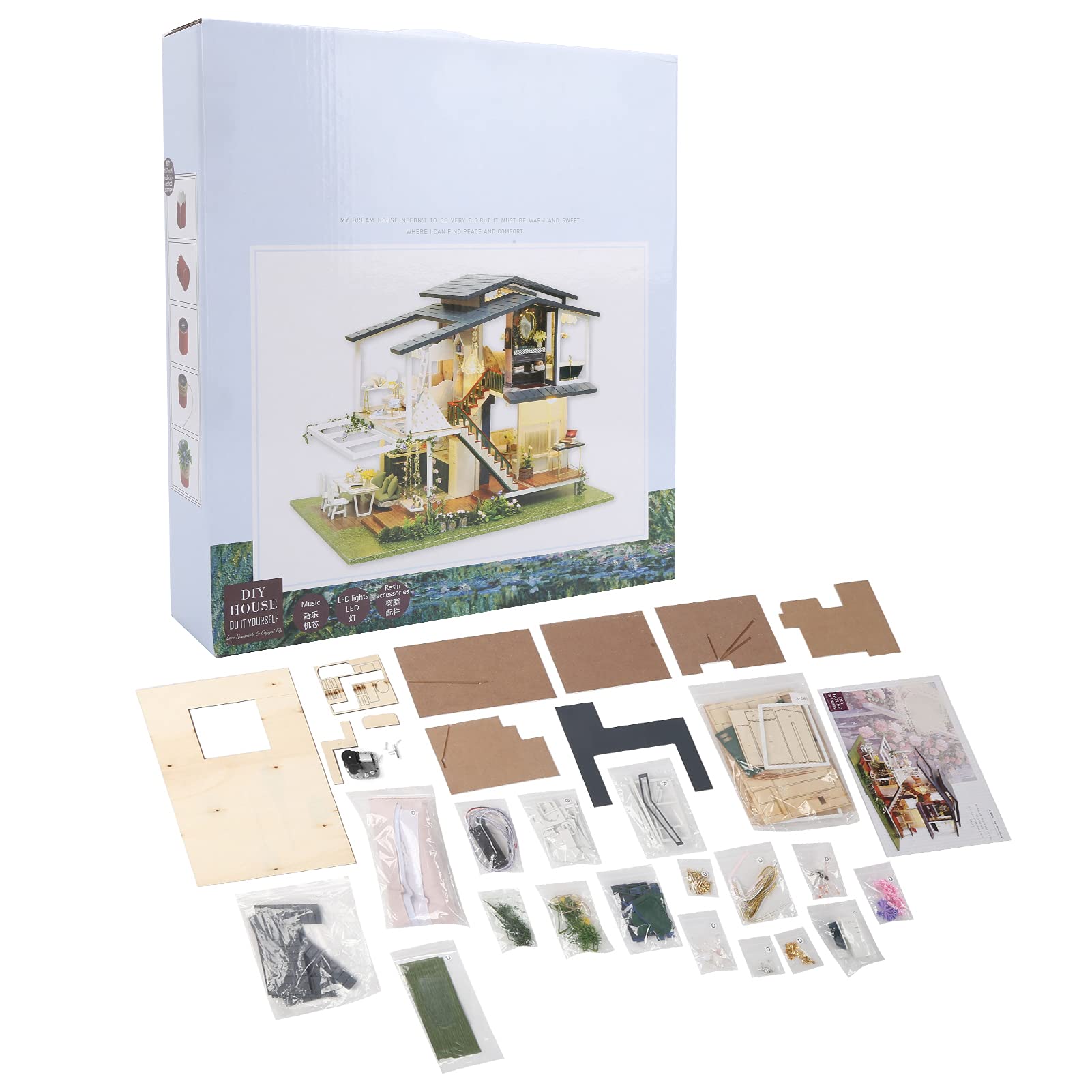 DIY Mini-Puppenhaus-Bausatz, Romantische 3D-Gartenvilla aus Holz für Bastelliebhaber, 12,6 X 9,6 X 9,3 Zoll, Komplett mit LED-Beleuchtung