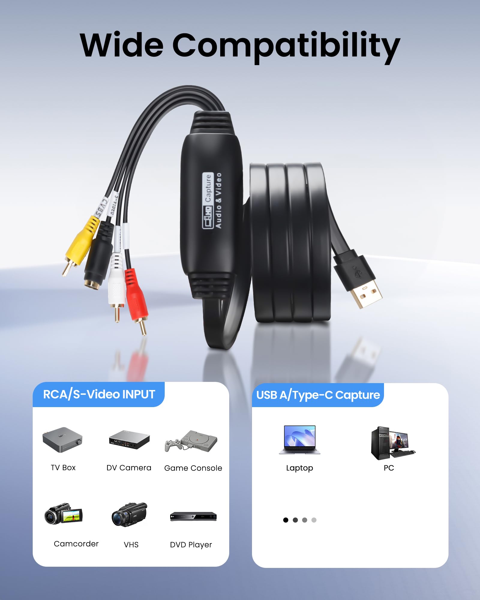 avedio links VHS to Digital Converter, USB2.0 Capture Card, 1080P Video Capture Device Convert VHS VCR DVD to Digital Adapter, Video Capture Karte mit Scart/AV Adapter mit Windows, Mac OS