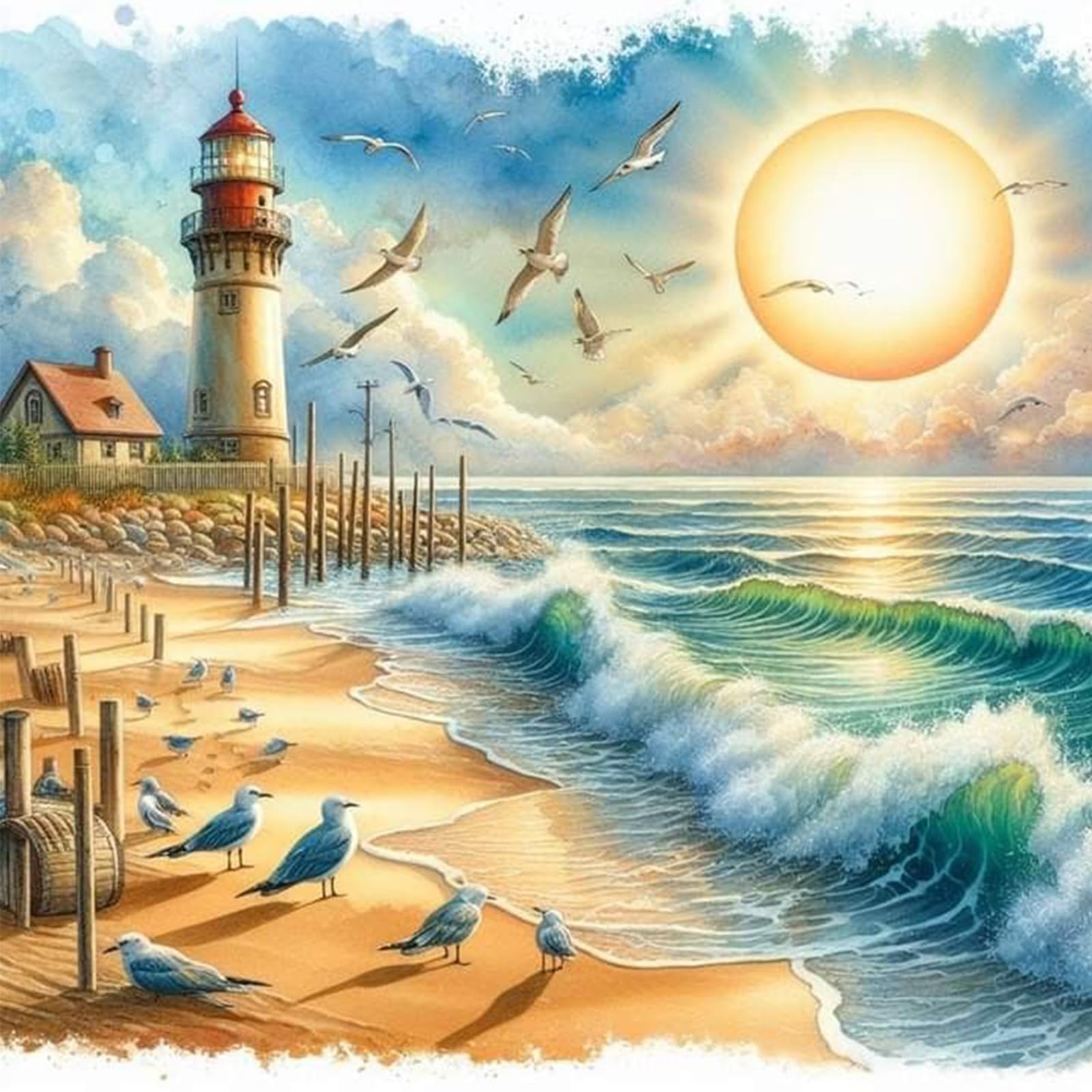 Poetrydraw Seaside Lighthouse 5D Round Drill Diamond Art Kit For Adults & Beginners 40X40cm Wall Decor