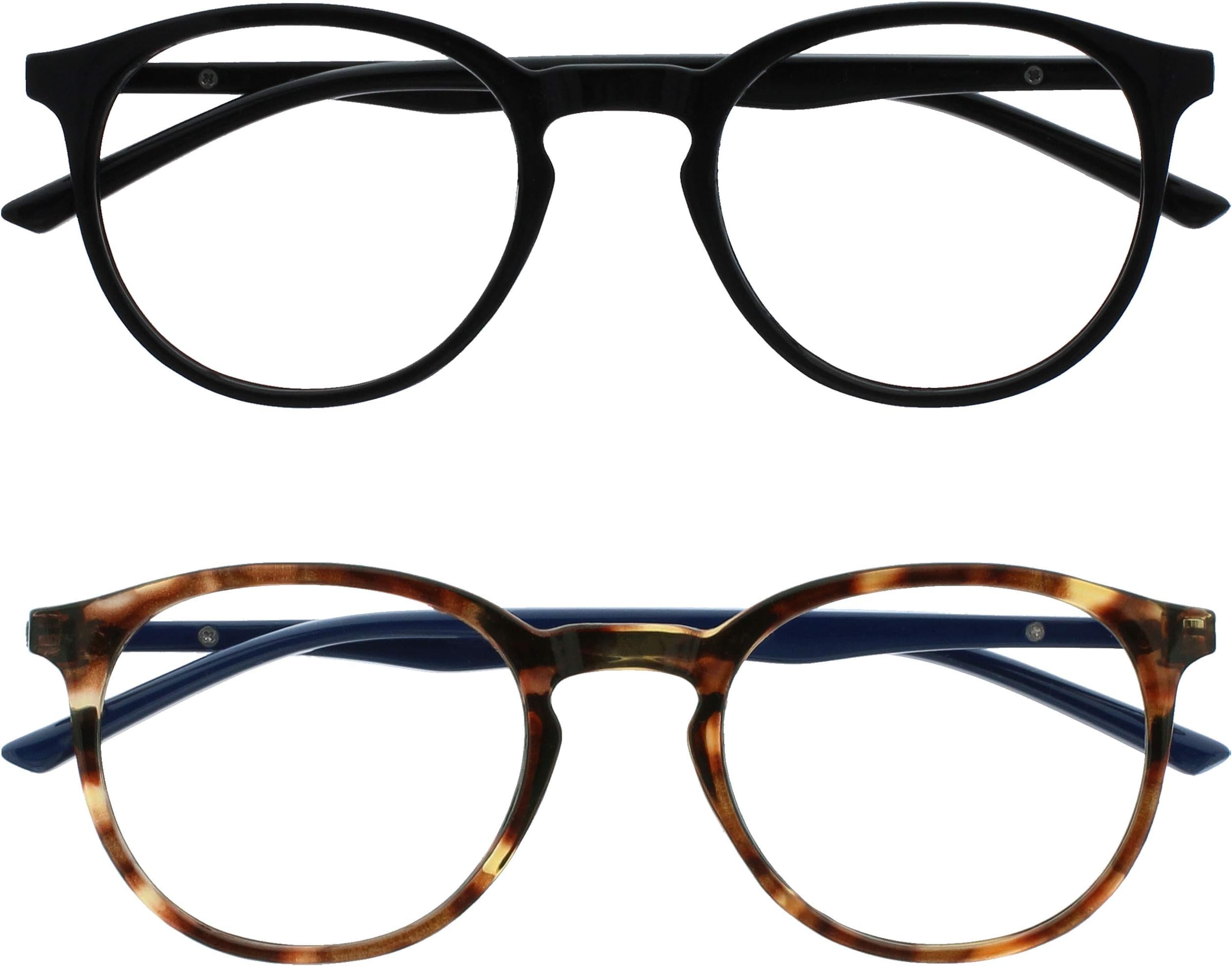 OPULIZE MET Reading Glasses for Women Men, Slim Round Frame with Spring Hinges and Scratch Resistant, Black,Brown +1.5 (Pack of 2)
