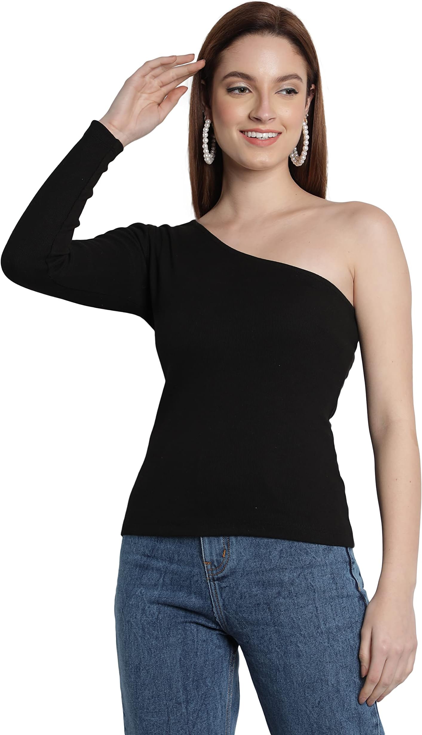 SAAVAWomen's Cotton Lycra One Side Off Shoulder Top, Latest and Stylish Solid Top (Black)
