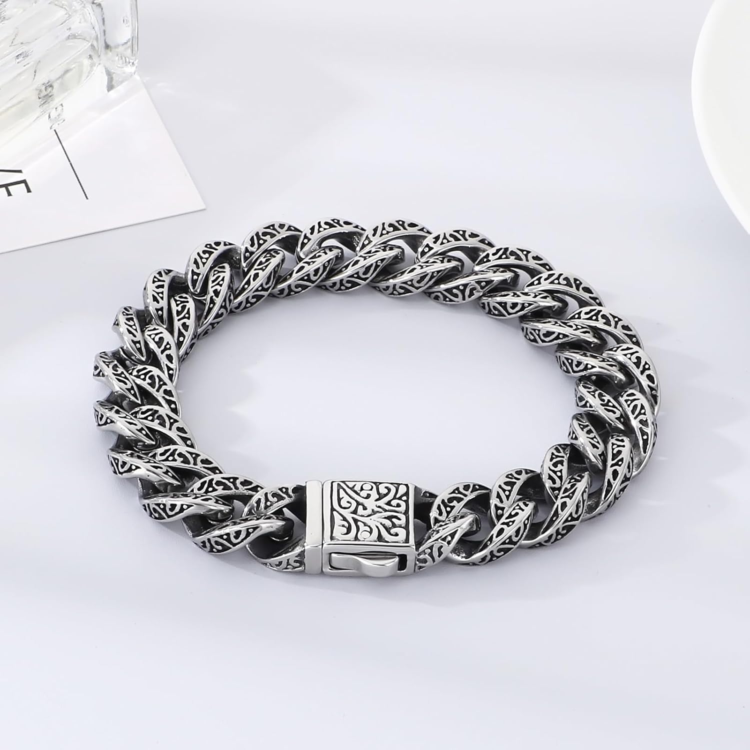 316 Stainless Steel Engraved Cuban Link Bracelet for Men, Retro Pattern Chain Punk Hip Hop Style Jewelry for Him