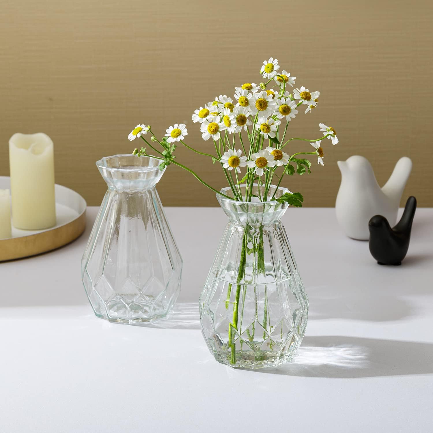 MyGift Small Glass Bud Vase, 5 Inch Decorative Flower Vases, Mini Vintage Style Centerpiece Vases with Diamond Faceted Design, Set of 2 - Image 3