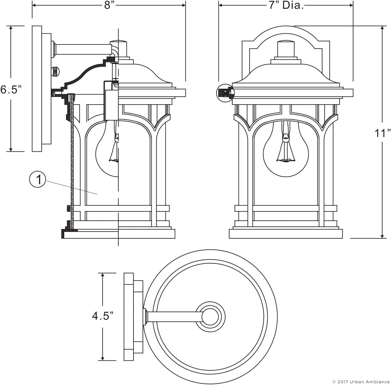 Urban Ambiance Luxury Rustic Outdoor Wall Light, Small Size: 11" H x 7" W, with Colonial Style Elements, Wrought Iron Design, High-End Black Silk Finish and Seeded Glass, UQL1100