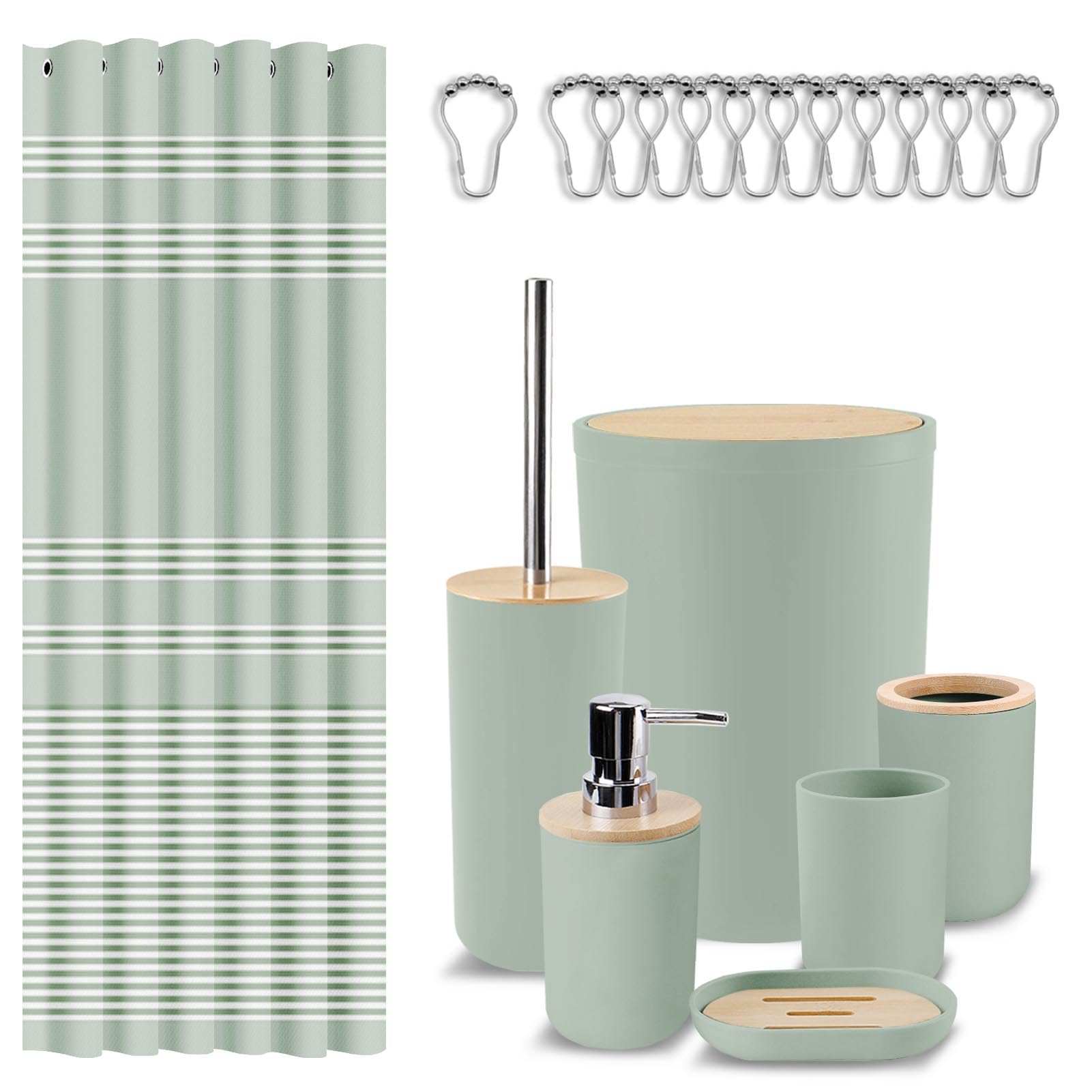 Britimes Badezimmer-Zubehör-Sets, salbeigrün Duschvorhang-Set mit Mülleimer, Seifenspender, WC-Bürstenhalter, Zahnbürstenhalter und Zahnbürstenbecher für Badezimmer-Dekor (Grün)