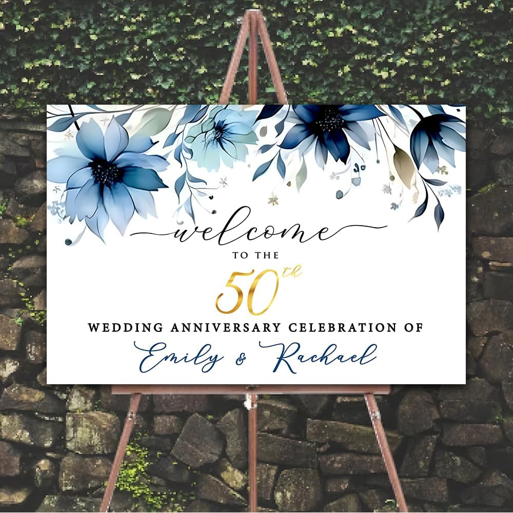 Personalized 50th Anniversary Welcome Sign, 50th Anniversary Wedding Sign, Anniversary Party Decor Sign, Light Blue Flower Anniversary Decorations, Anniversary Wedding Decorations