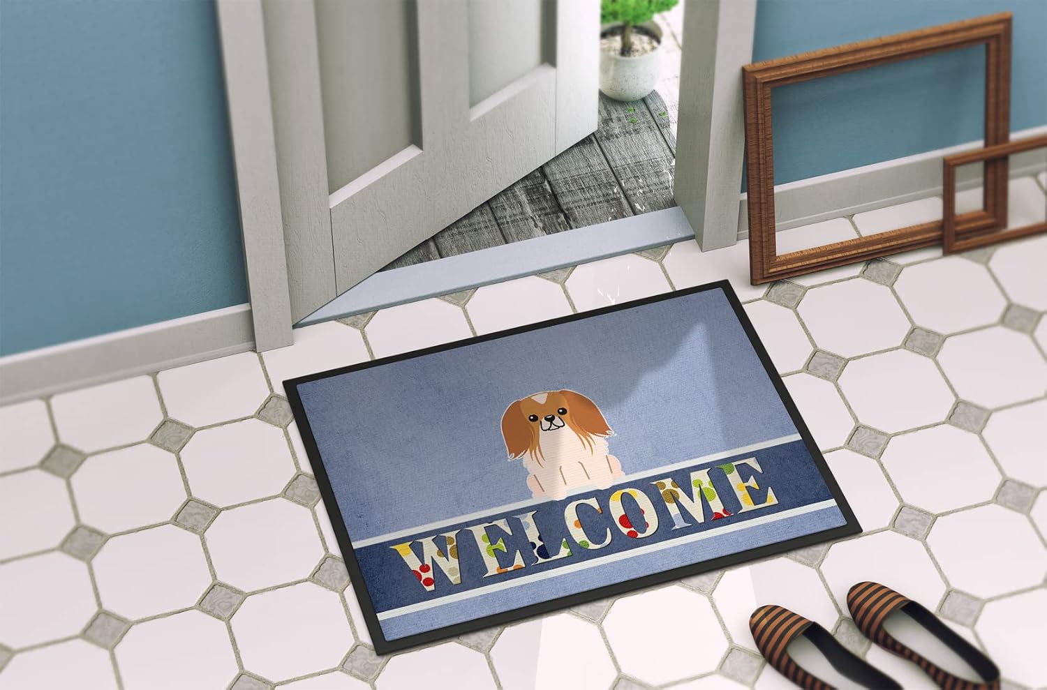 Caroline's Treasures BB5684MAT Pekingese Red White Welcome Doormat 18x27 Front Door Mat Indoor Outdoor Rugs for Entryway, Non Slip Washable Low Pile, 18H X 27W