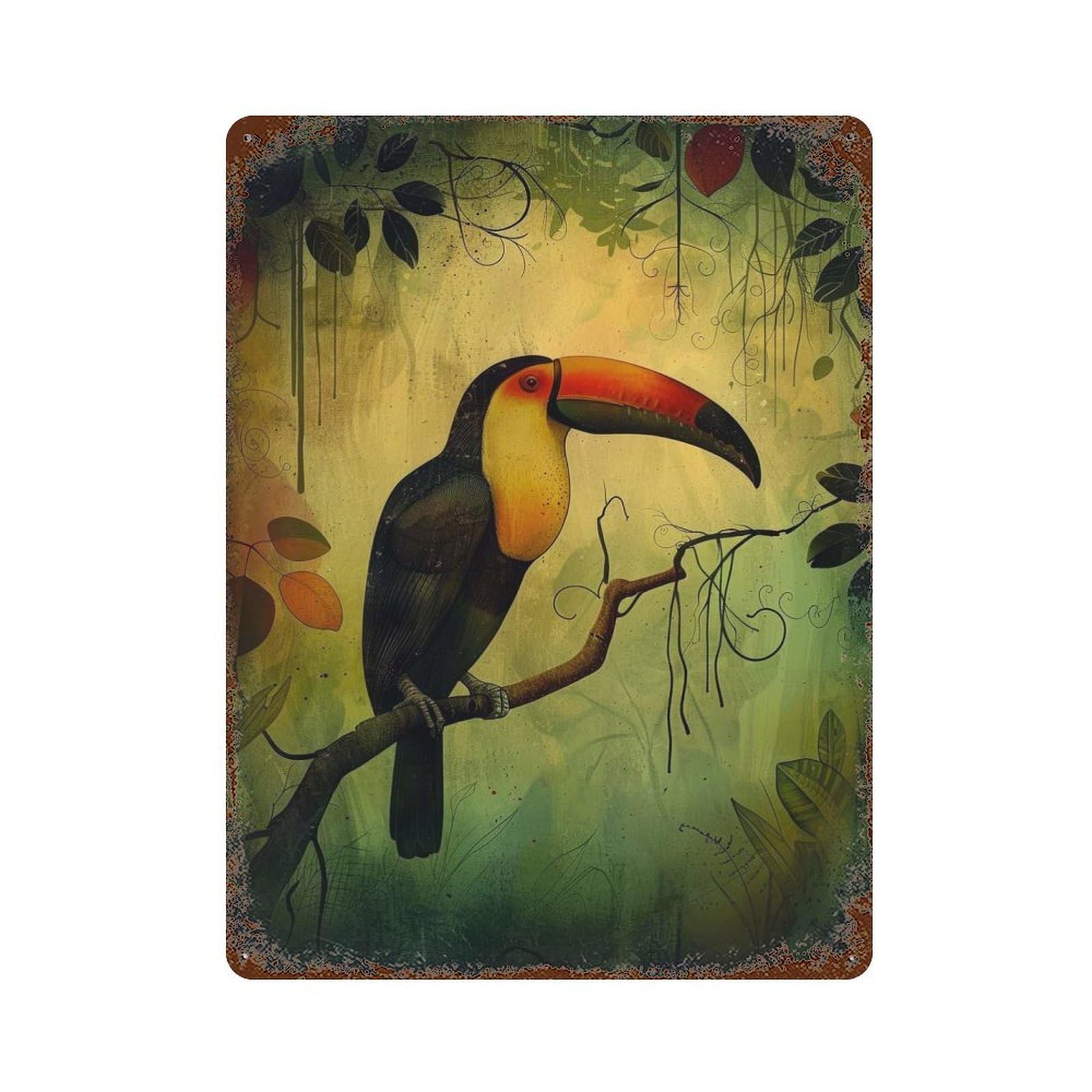 Aged Metal Wall Plaque with Jungle Toucan Perch Design 15.7"x11.8", for Cafe, Home Bar And Lounge Decor, Novelty Wall Decor